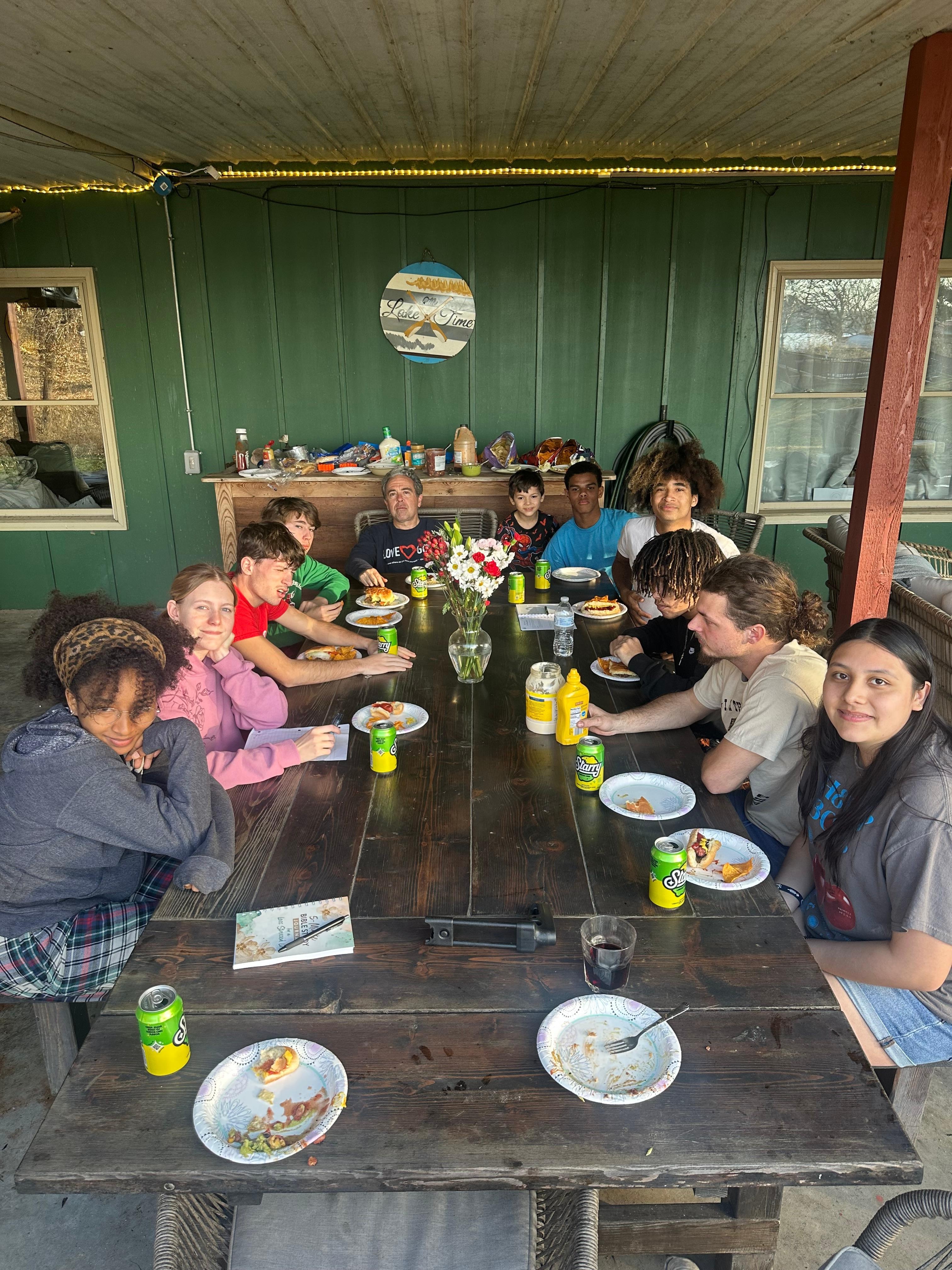 Outdoor picnic table and grill.