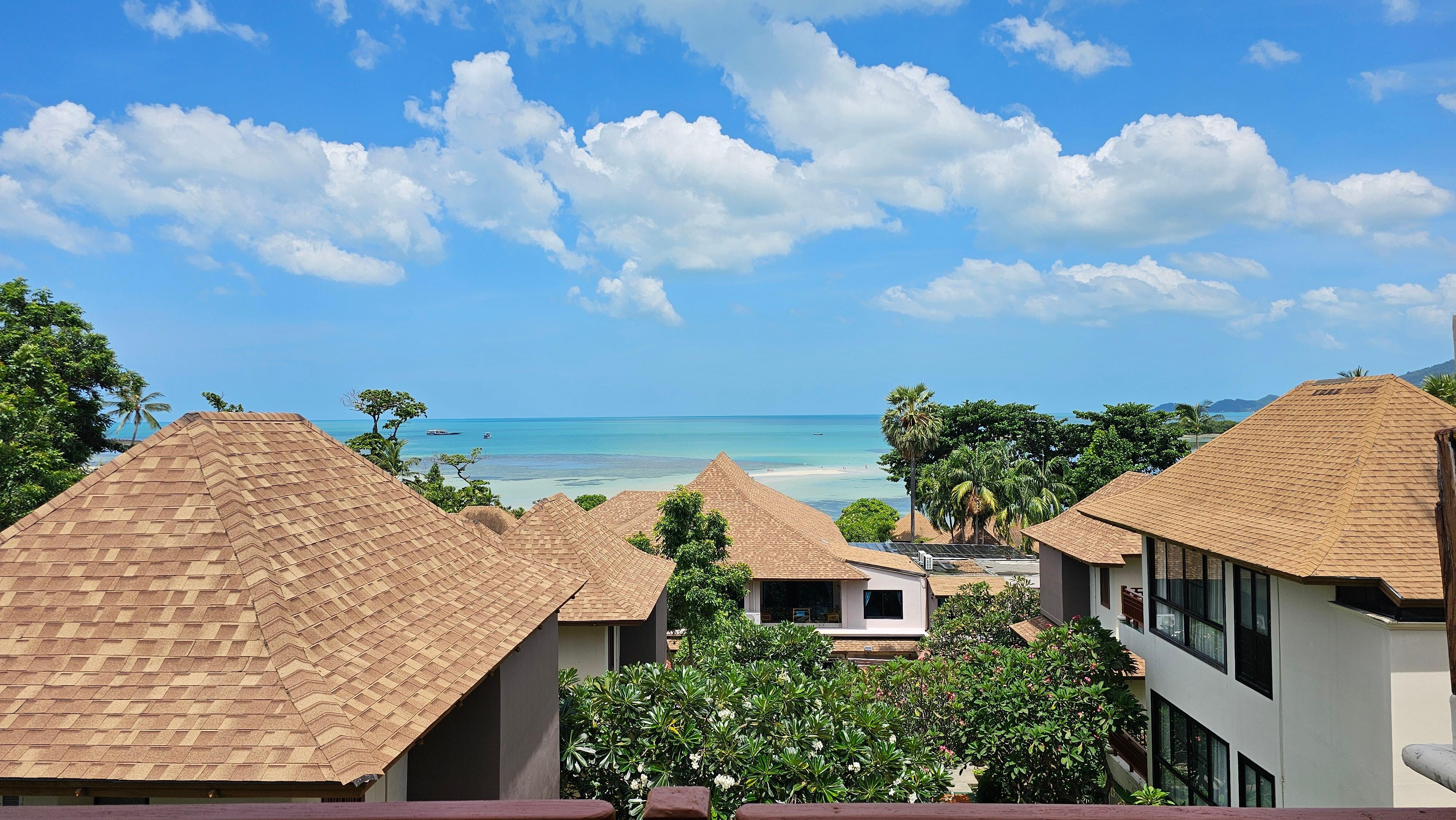 Great sea view from room at top of hill, near reception. 