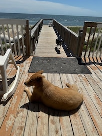 Deck has two gated access points to stairs to beach.