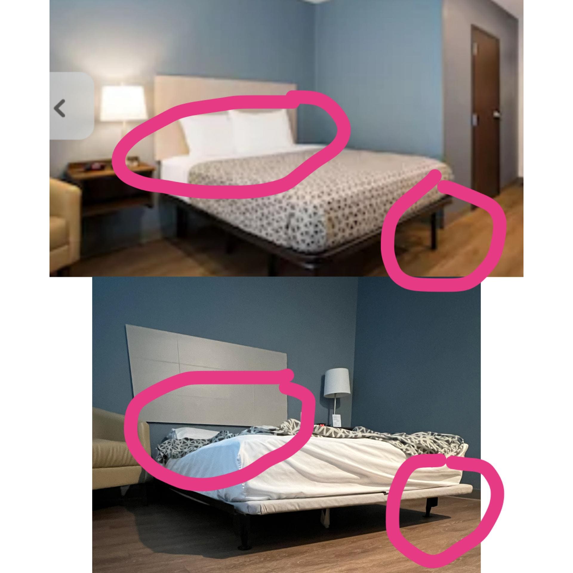 TOP PHOTO: From online website

BOTTOM PHOTO: Room and bed we stayed in. Bed dropped below headboard and bed frame legs are missing