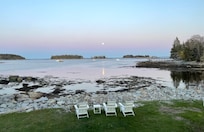 View from the living room at dusk.