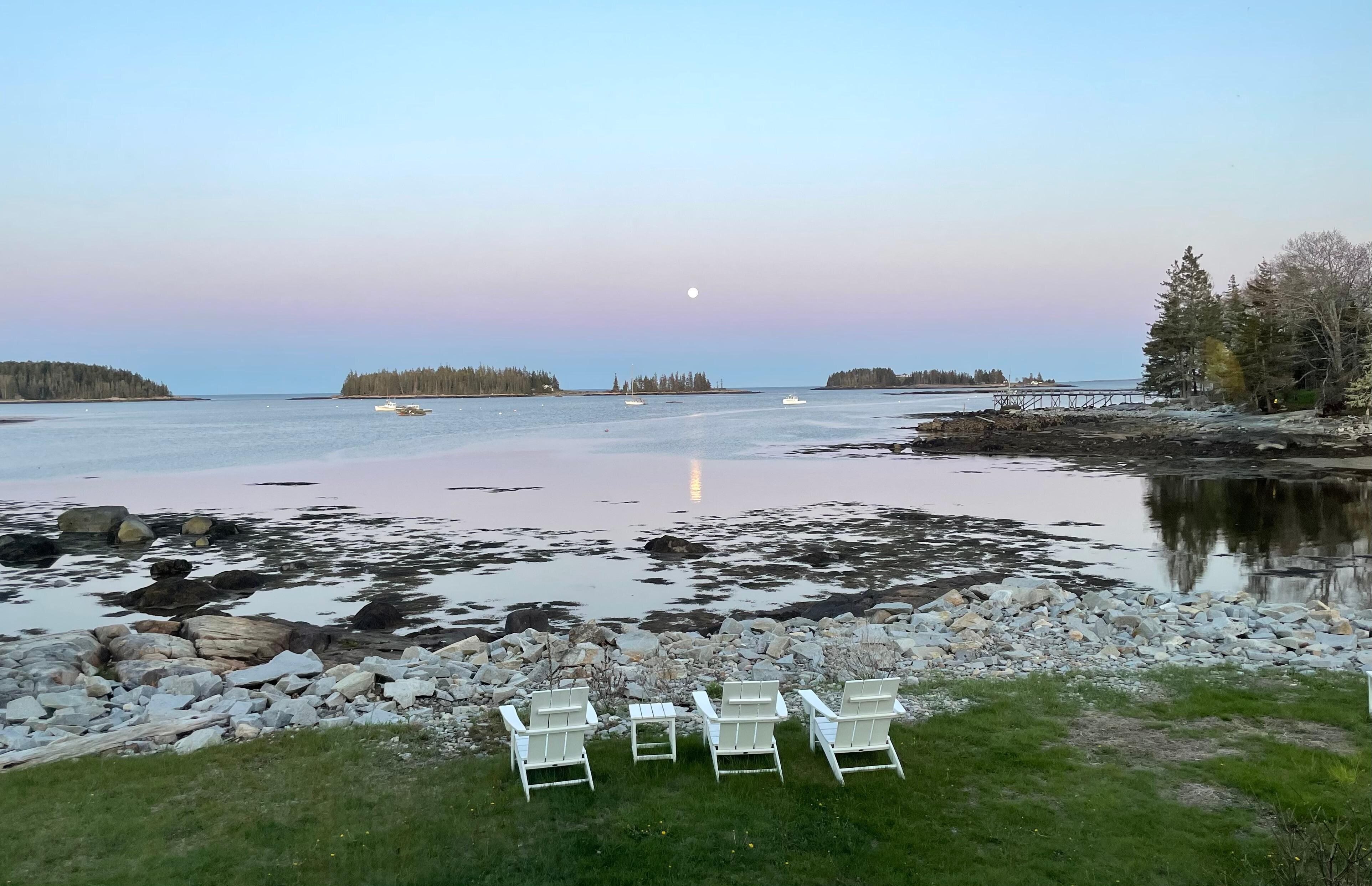 View from the living room at dusk. 