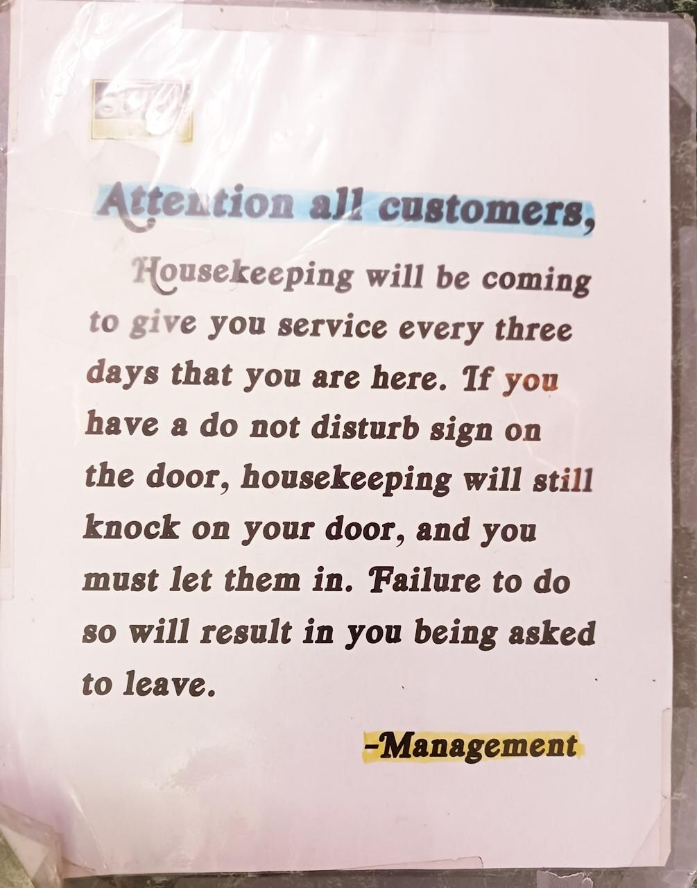 Scottish Inn Housekeeping Policy - What good is a "Do Not Disturb" sign???