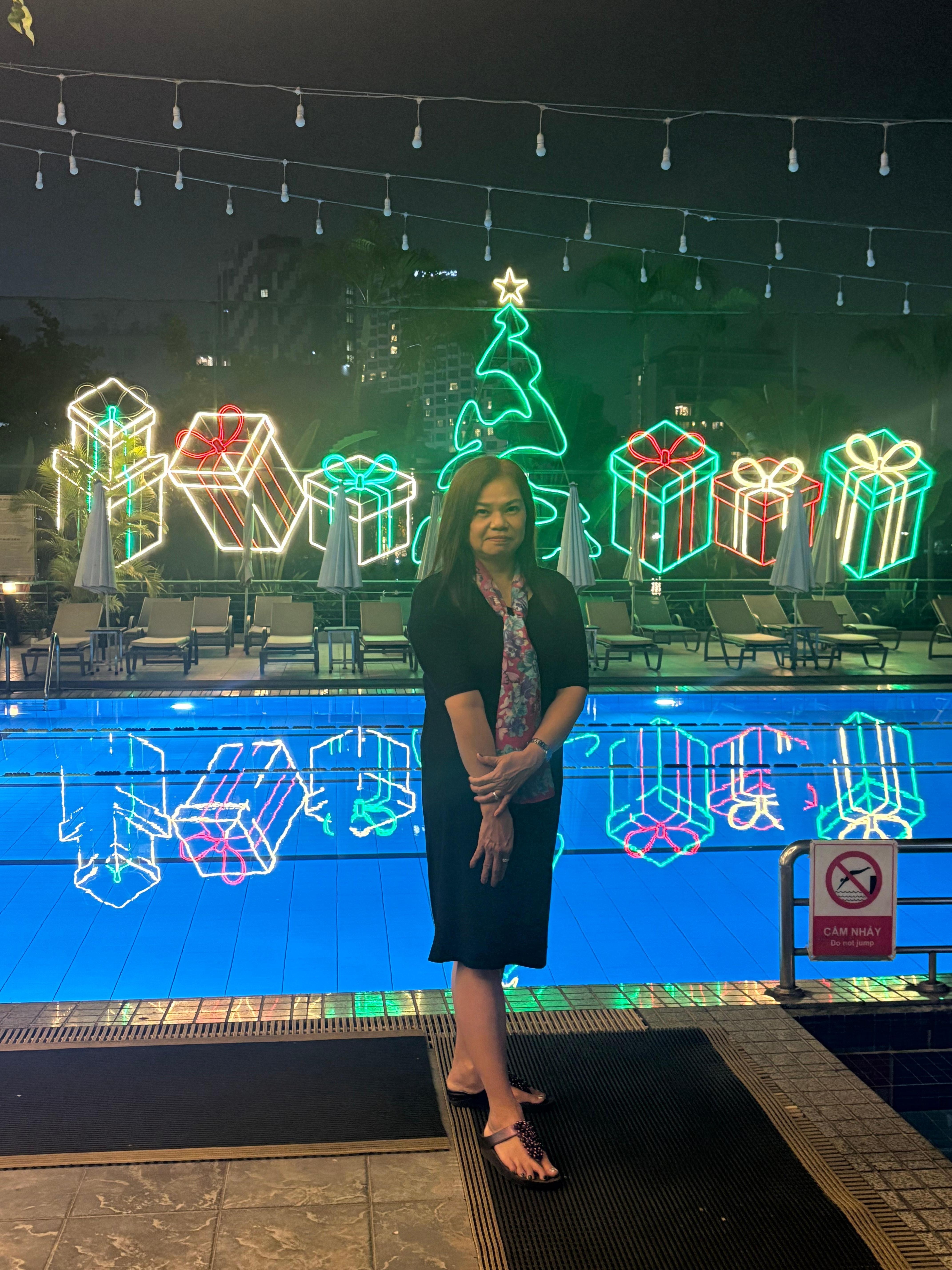 By the pool with my wife. 