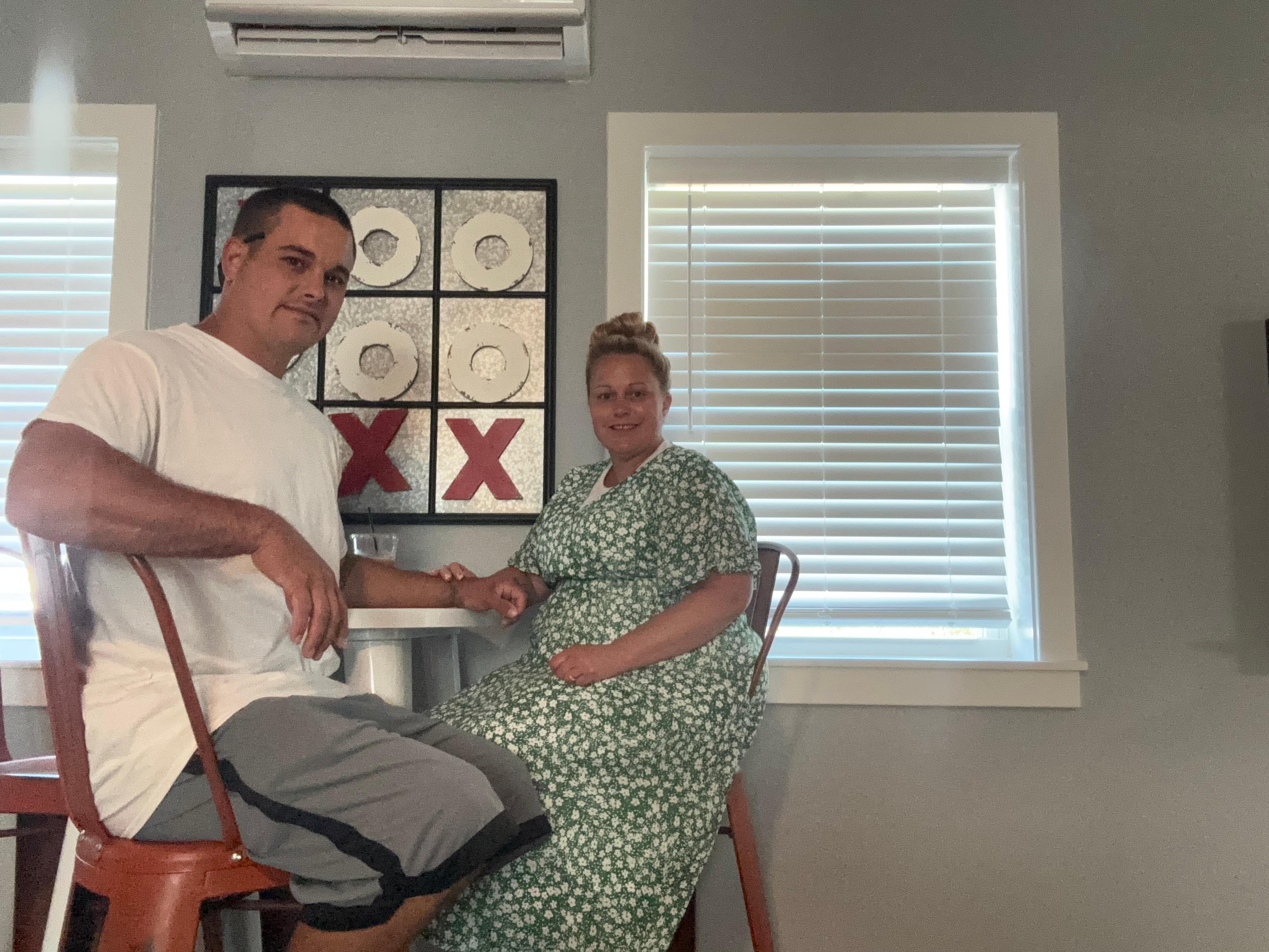 My husband and I, coffee at the table