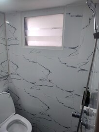 shower above Toilet window missing piece of glass screen for bugs and rusty exposed screws