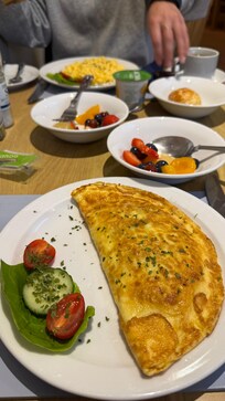 Multiple option hot meals and cold buffet (croissant,yogurt,fruits)