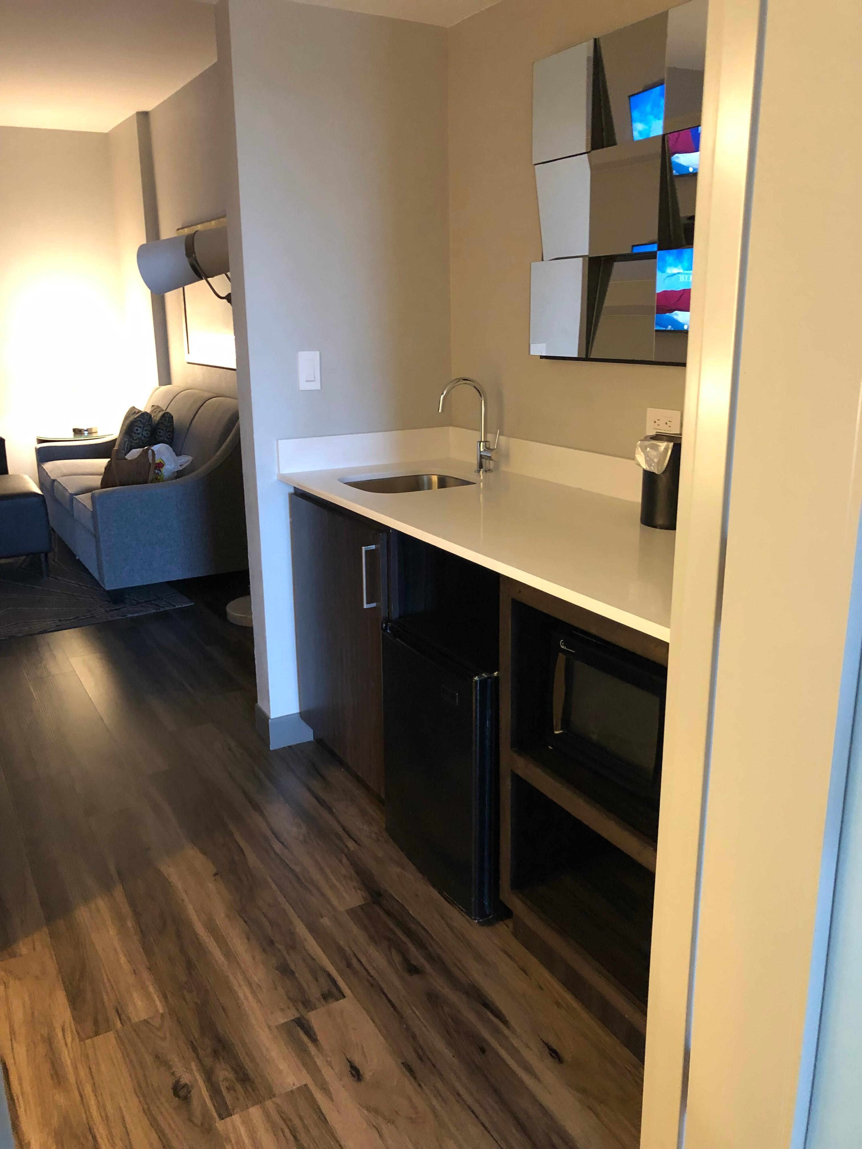 The “hallway” counter and kitchen area.