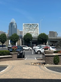 Outside of the hotel entrance.