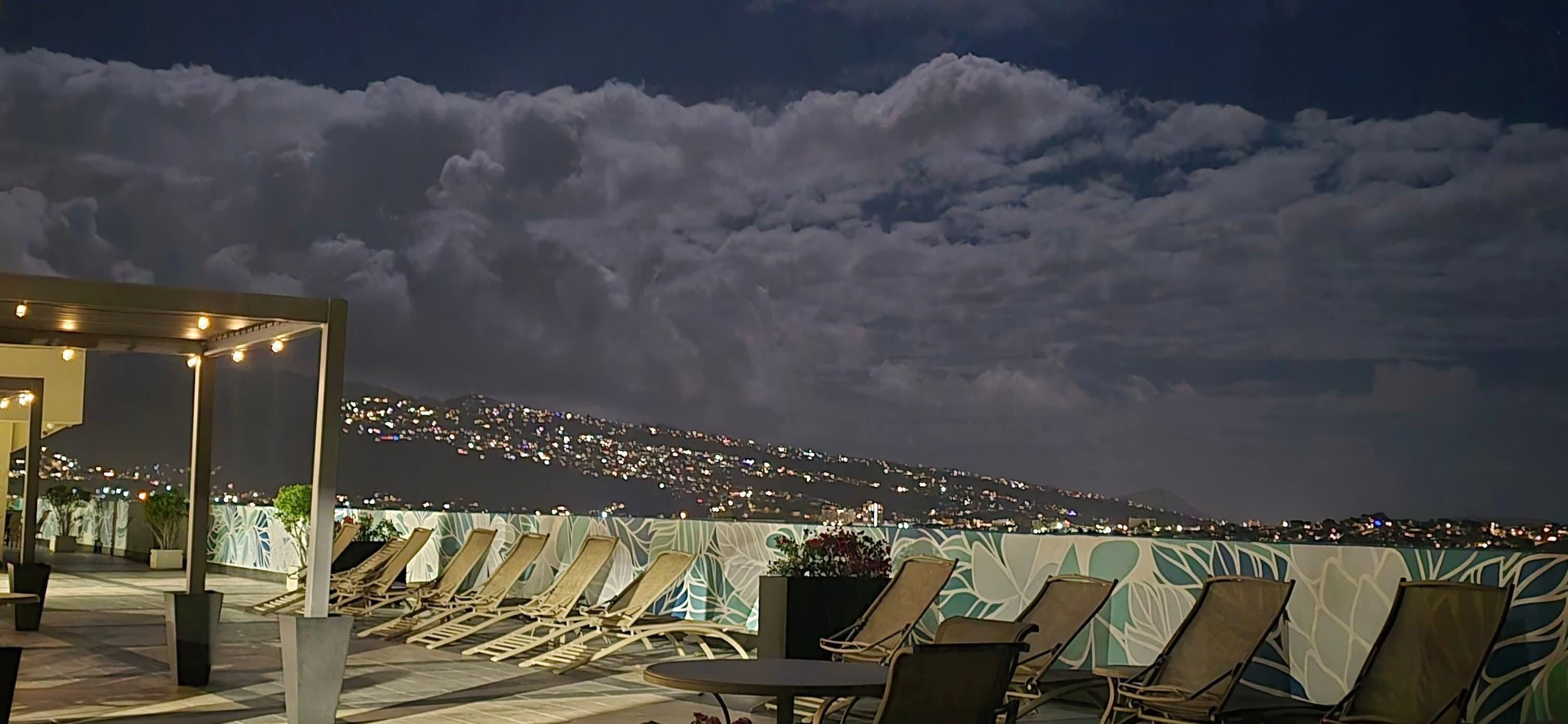 View from roof top towards mountains  