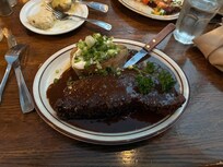 Double musky pepper steak it’s bigger than you think and the scallops stuffed mushrooms are awesome