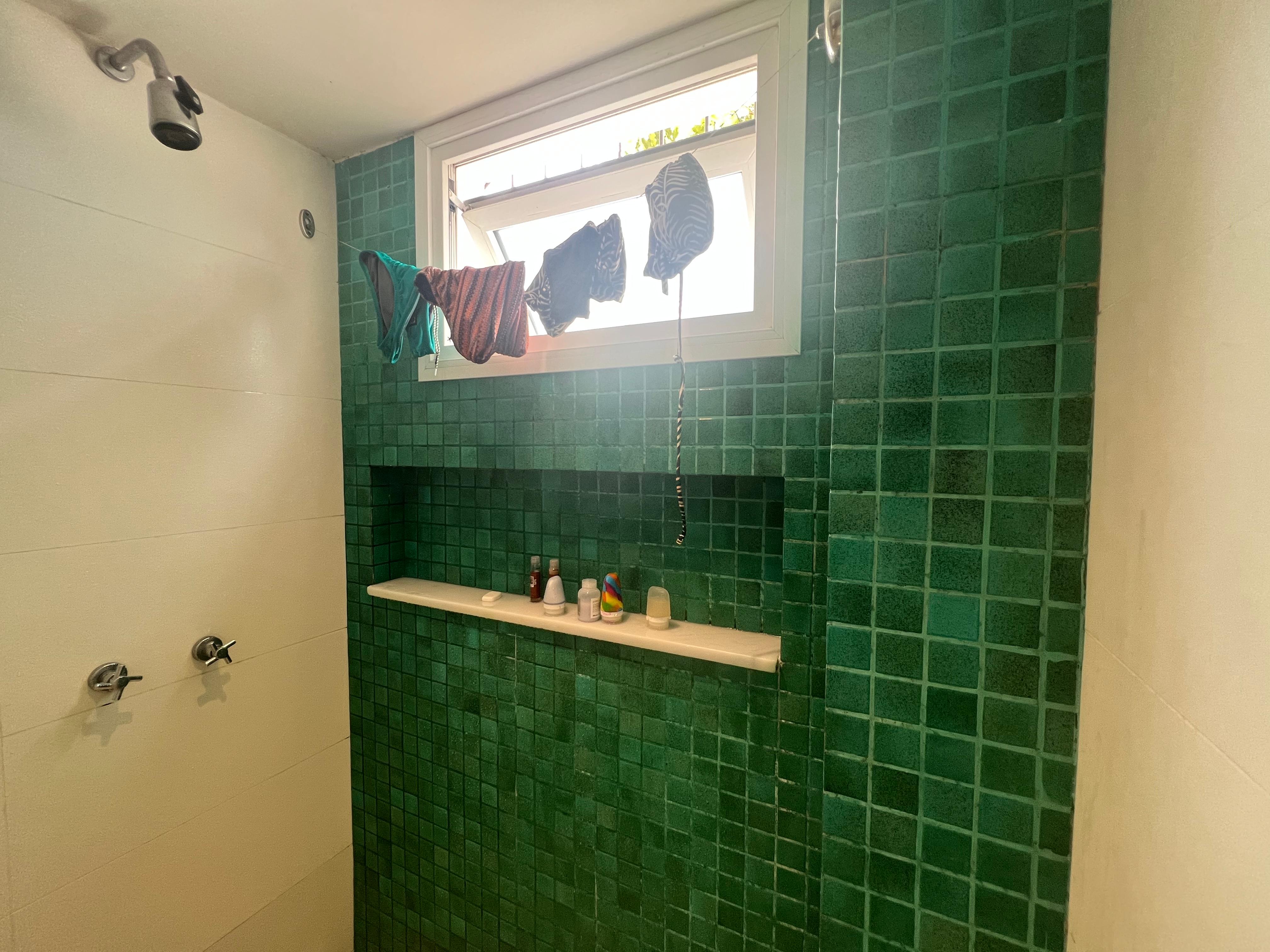 Bathroom with amazing shower and a drying line