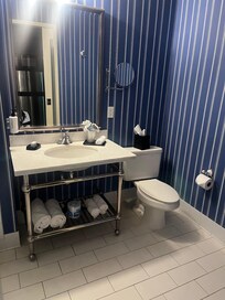 Bathroom clean with all toiletries.