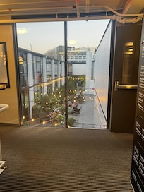 View from hallway to the pool in the center of the hotel