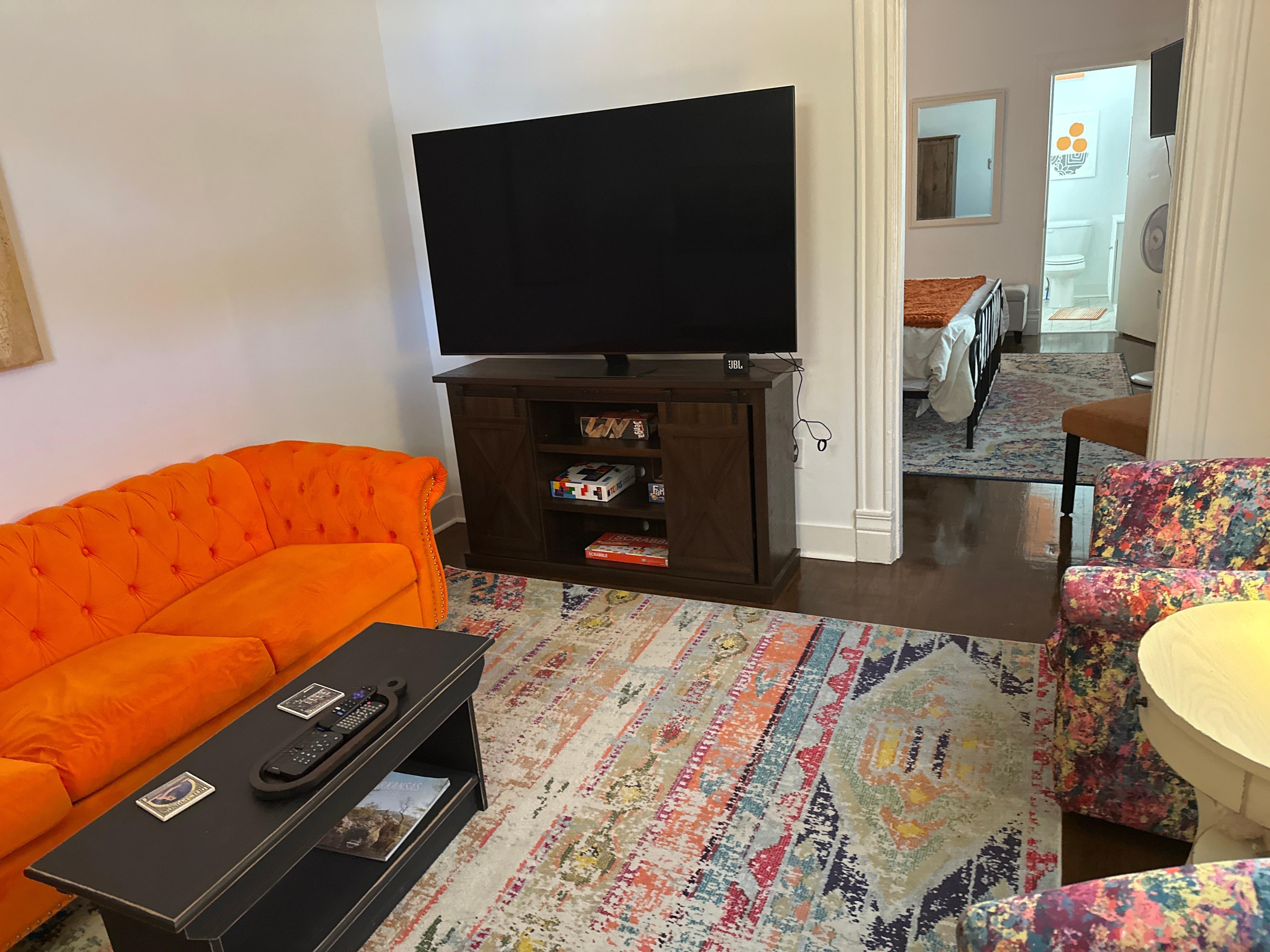 Big Smart TV and comfy sofa