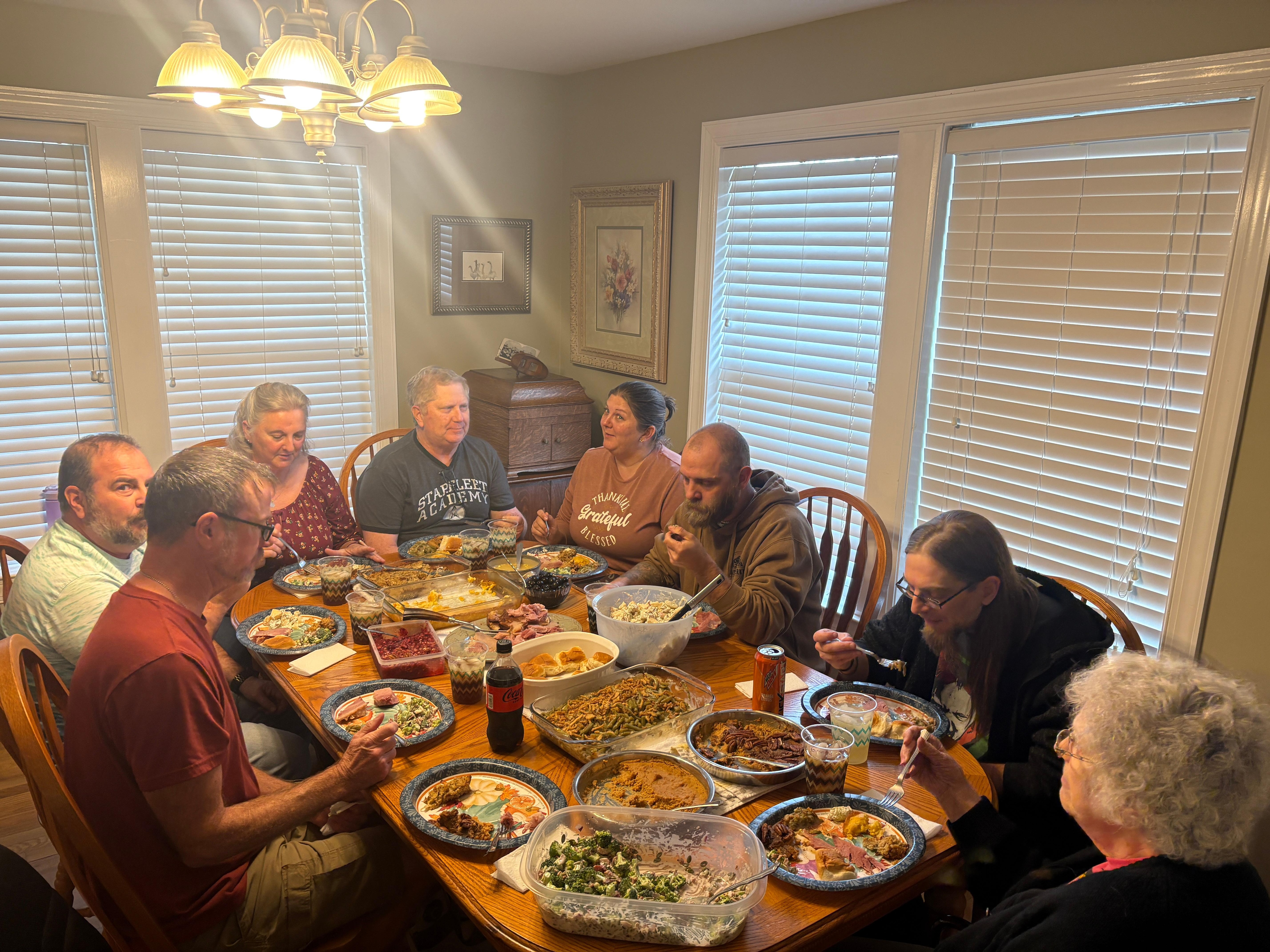 Enjoying Thanksgiving dinner and a visit with family.