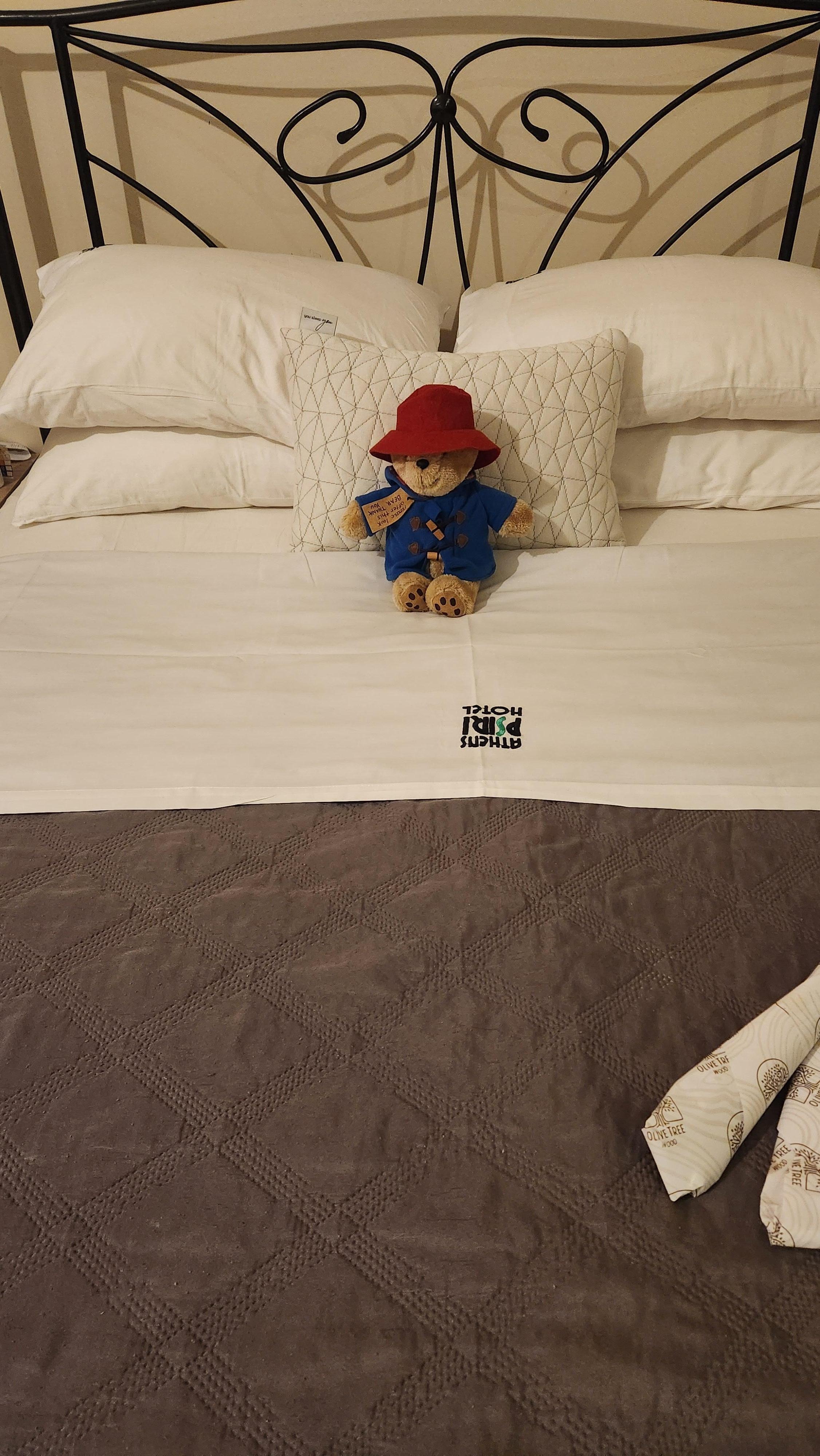 The maid fixed our bed and I had a little travel Paddington on the sofa and she placed him on the bed for me, very sweet to come home to!