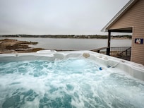 Warming up in the hot tub on a foggy day