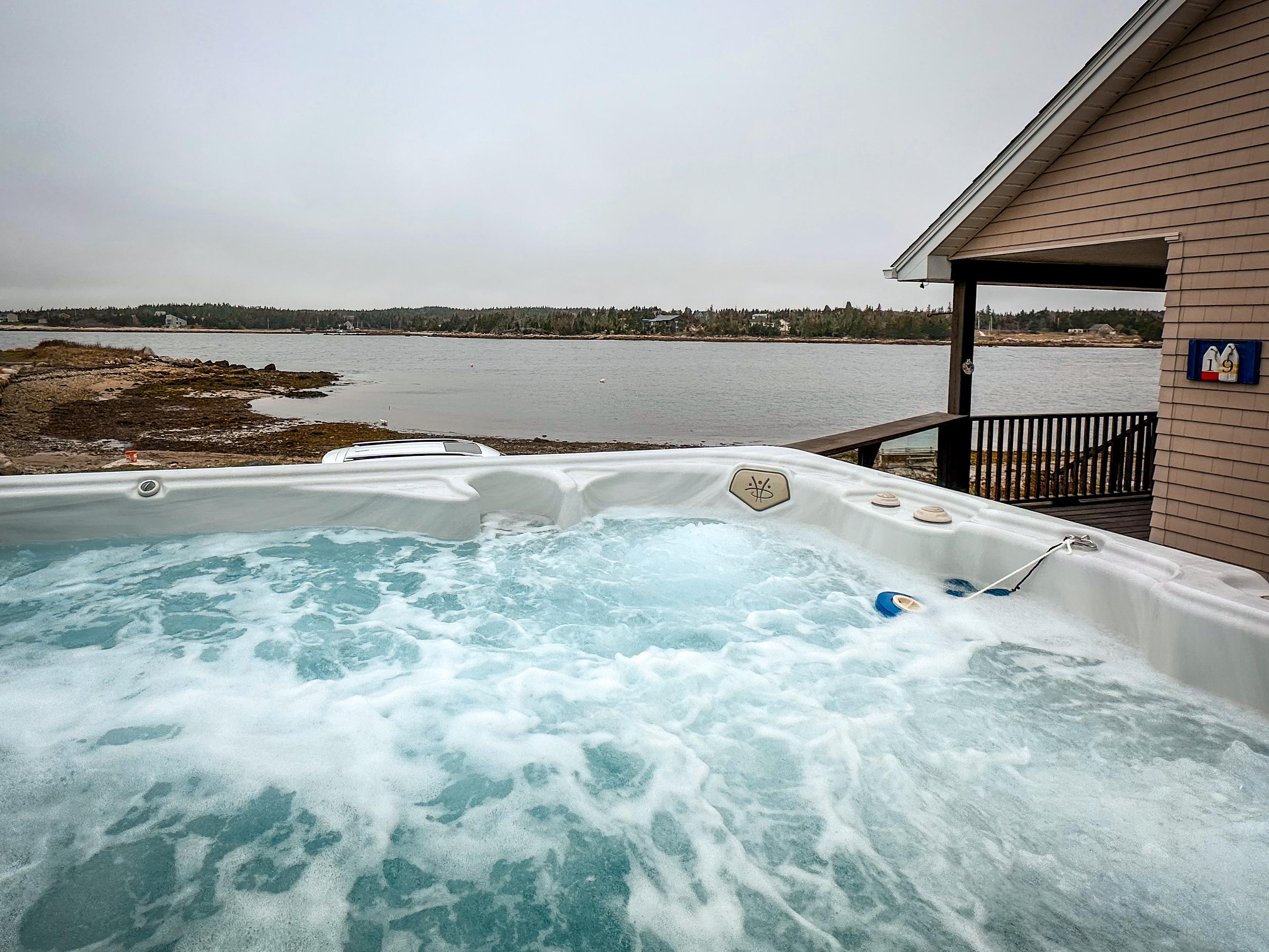 Warming up in the hot tub on a foggy day