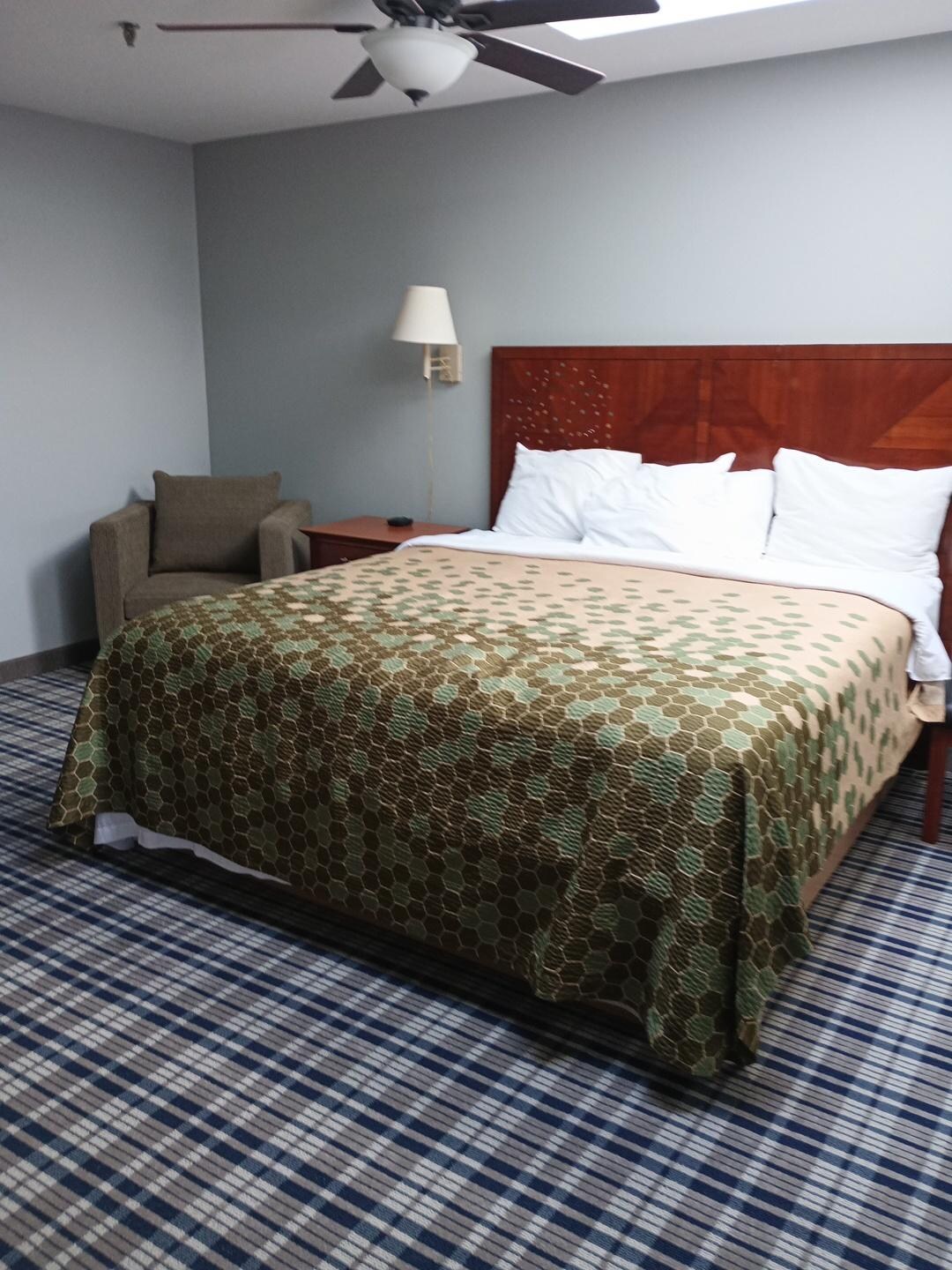 Queen bed with skylight and French doors