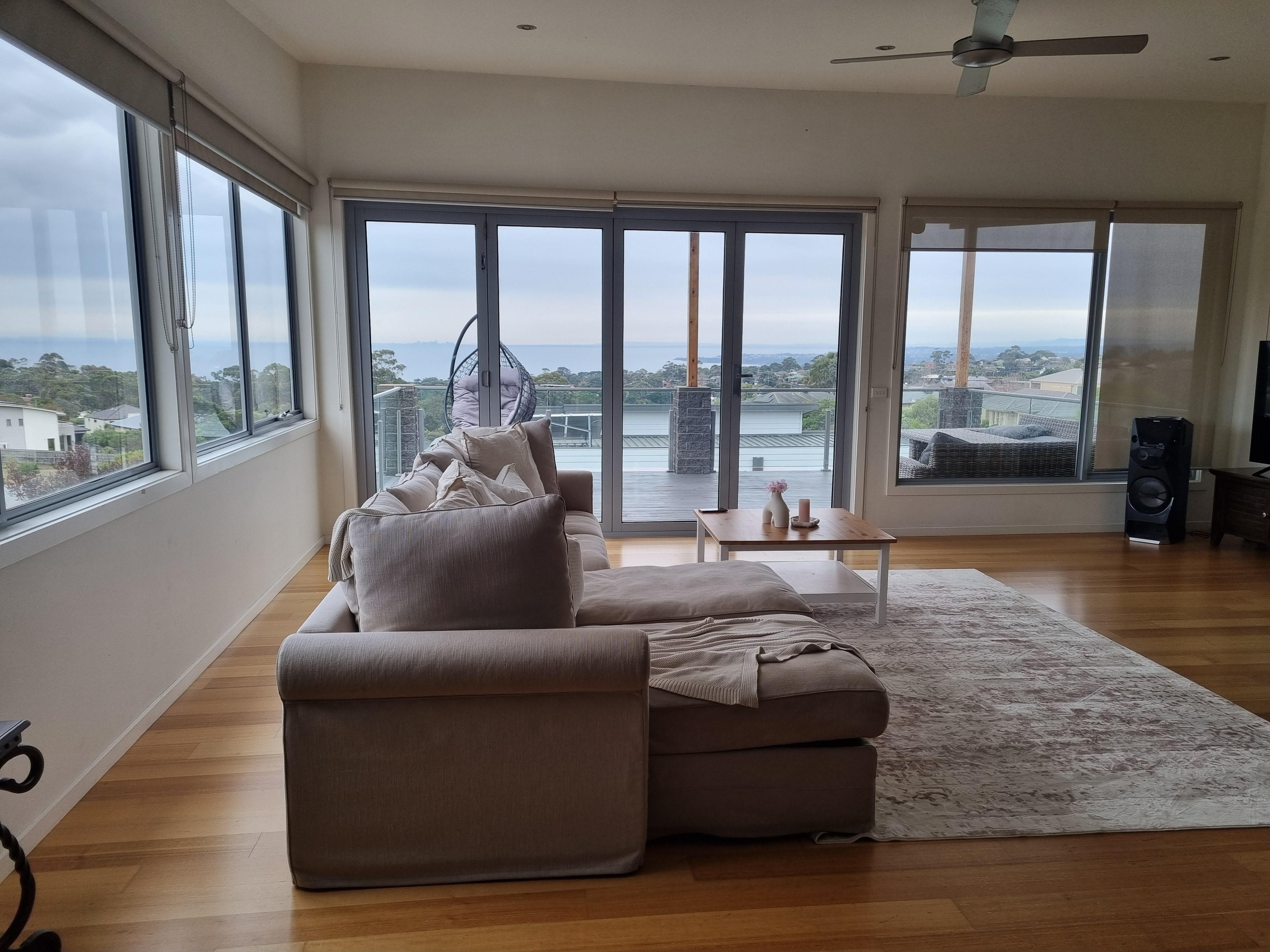 View from kitchen with view of the bay. Comfortable sofa and great light.