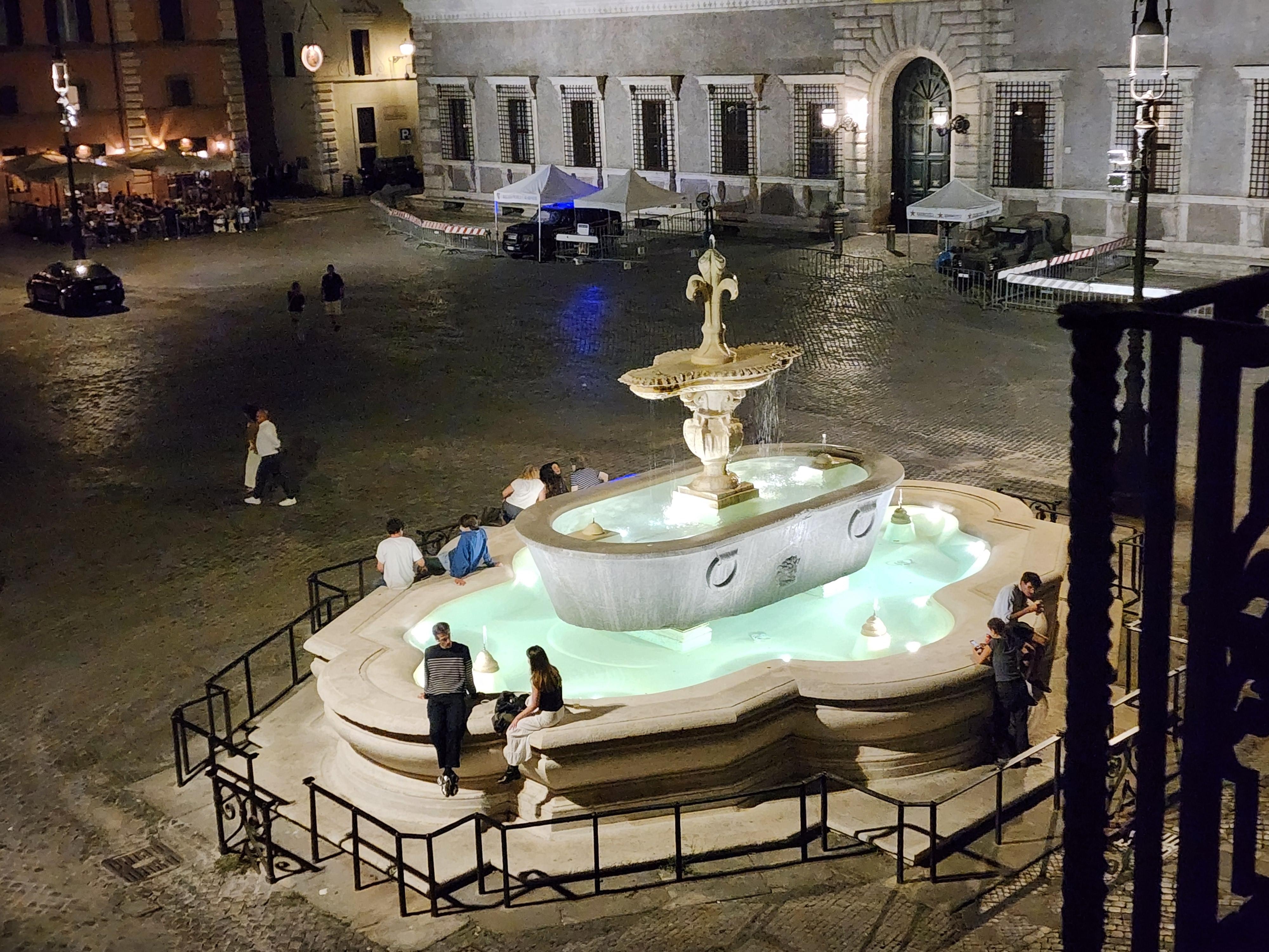 View of one of the fountains at night outside our window. 