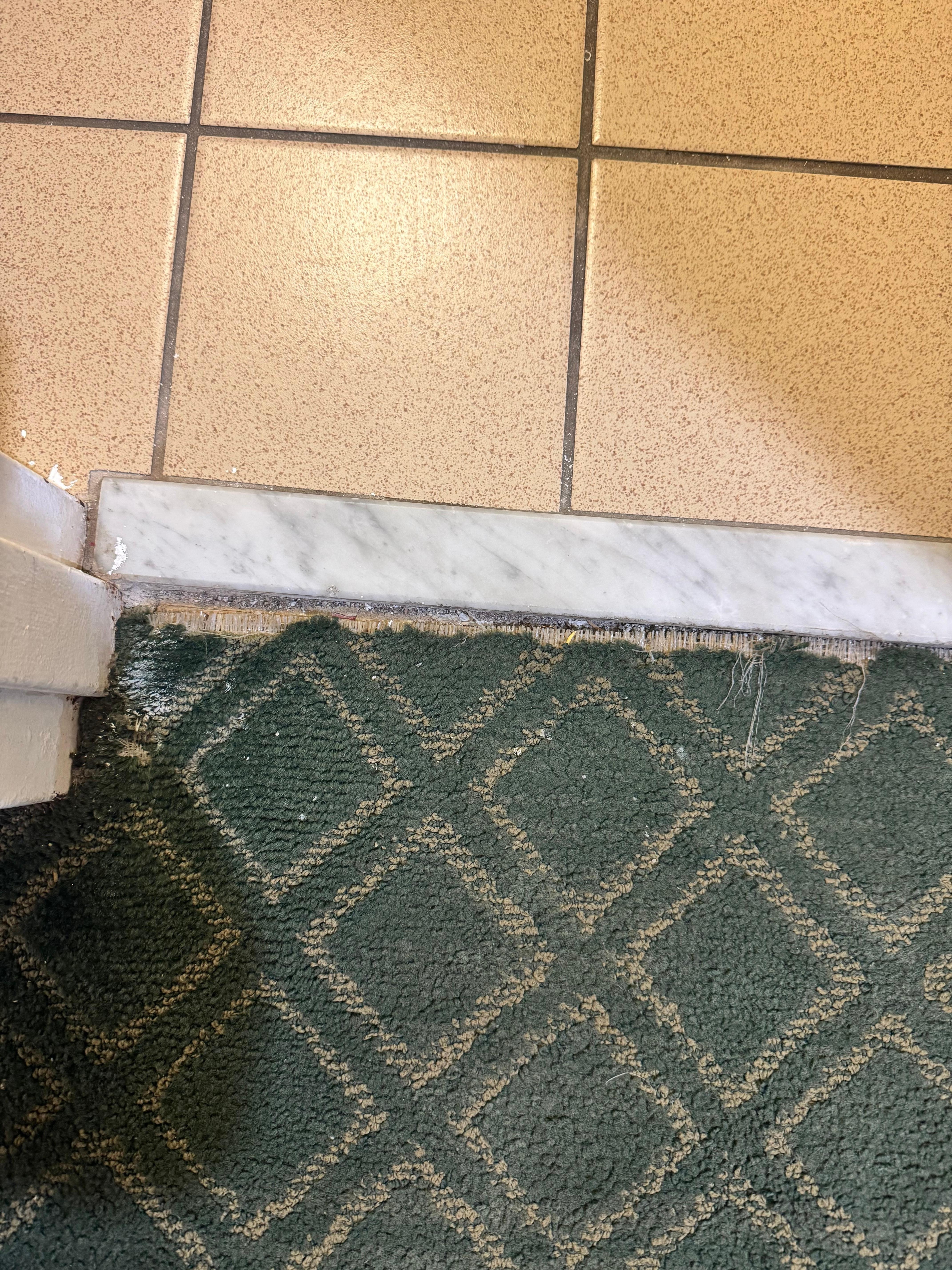 Carpets were torn up and multiple tiles were cracked or missing pieces throughout the building.