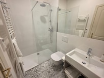 Spacious and bright restroom