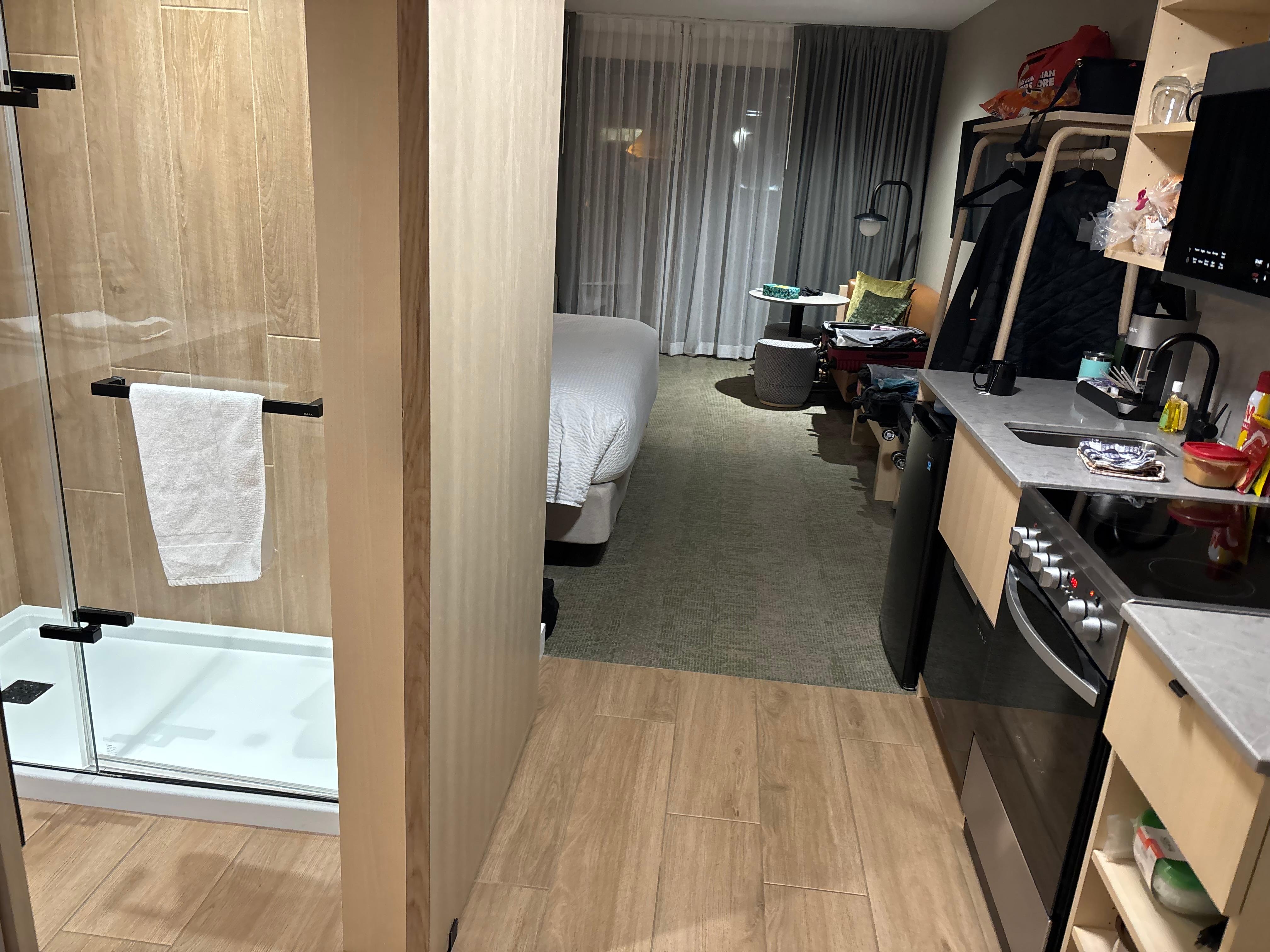 King bed kitchenette room 416 main floor with outside patio. 