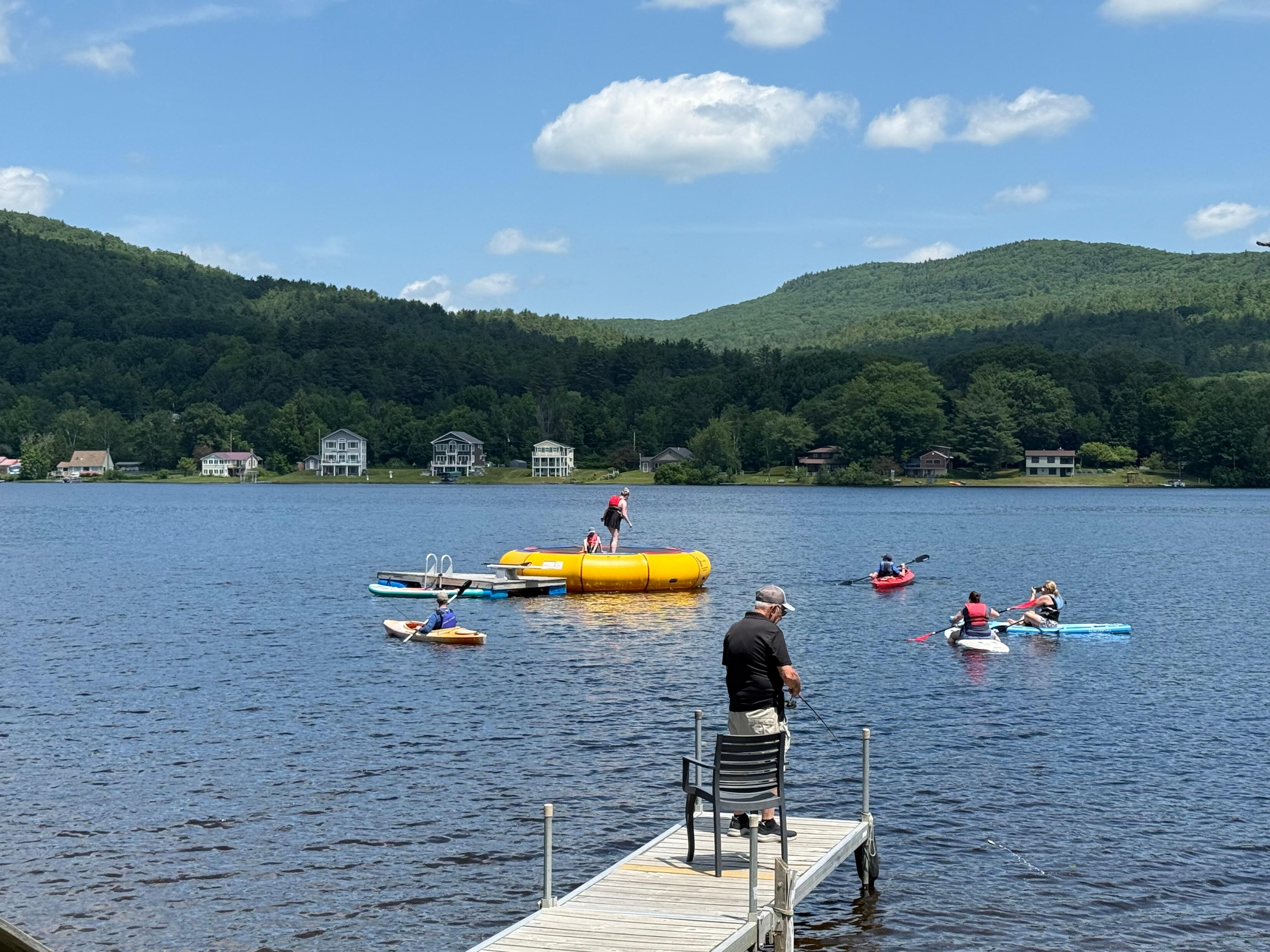 The trampoline and dock for fishing.