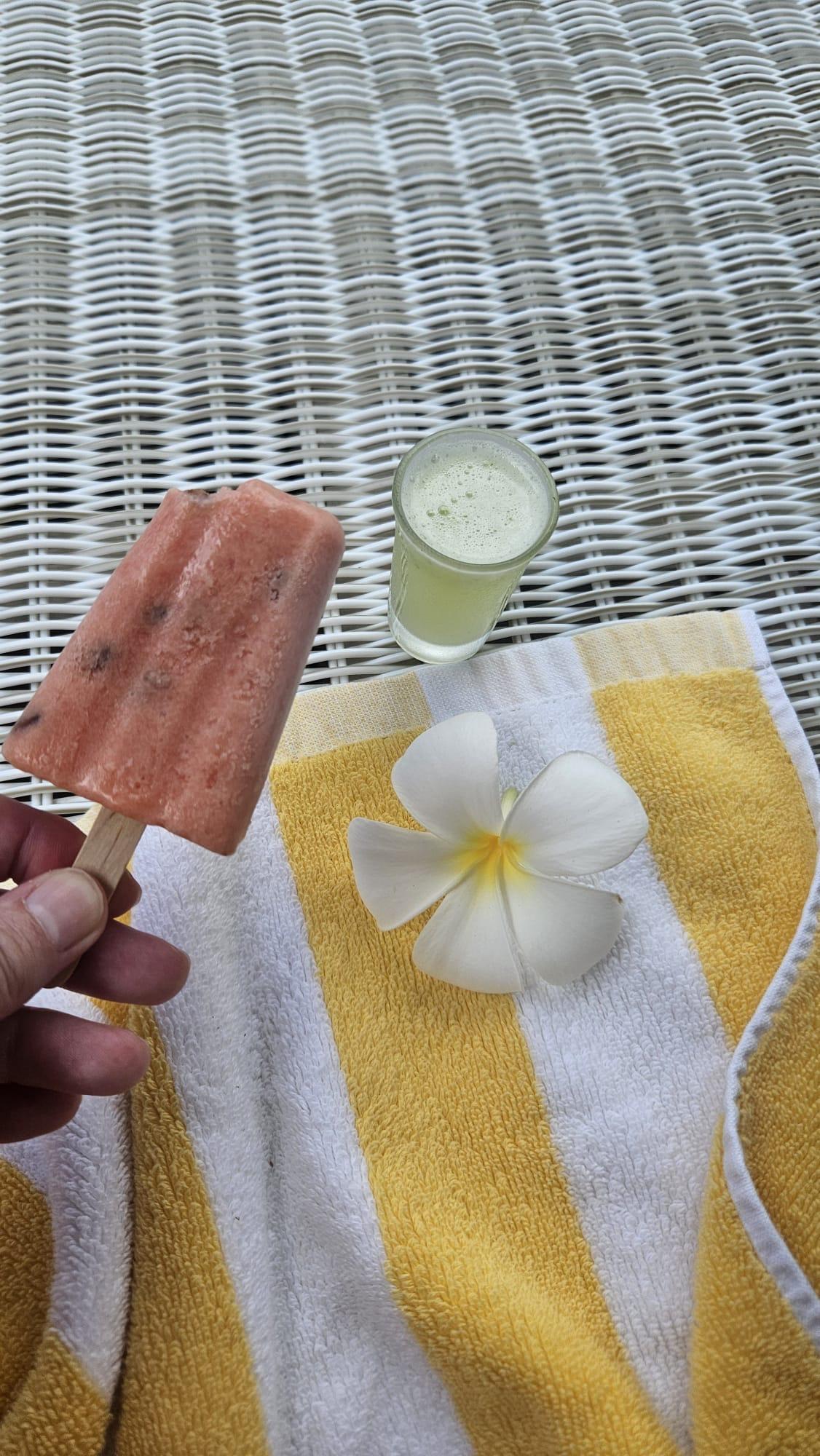 A fruit shot, flower and ice lolly given out twice a day. 