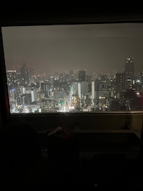 Room view at night from the bed.