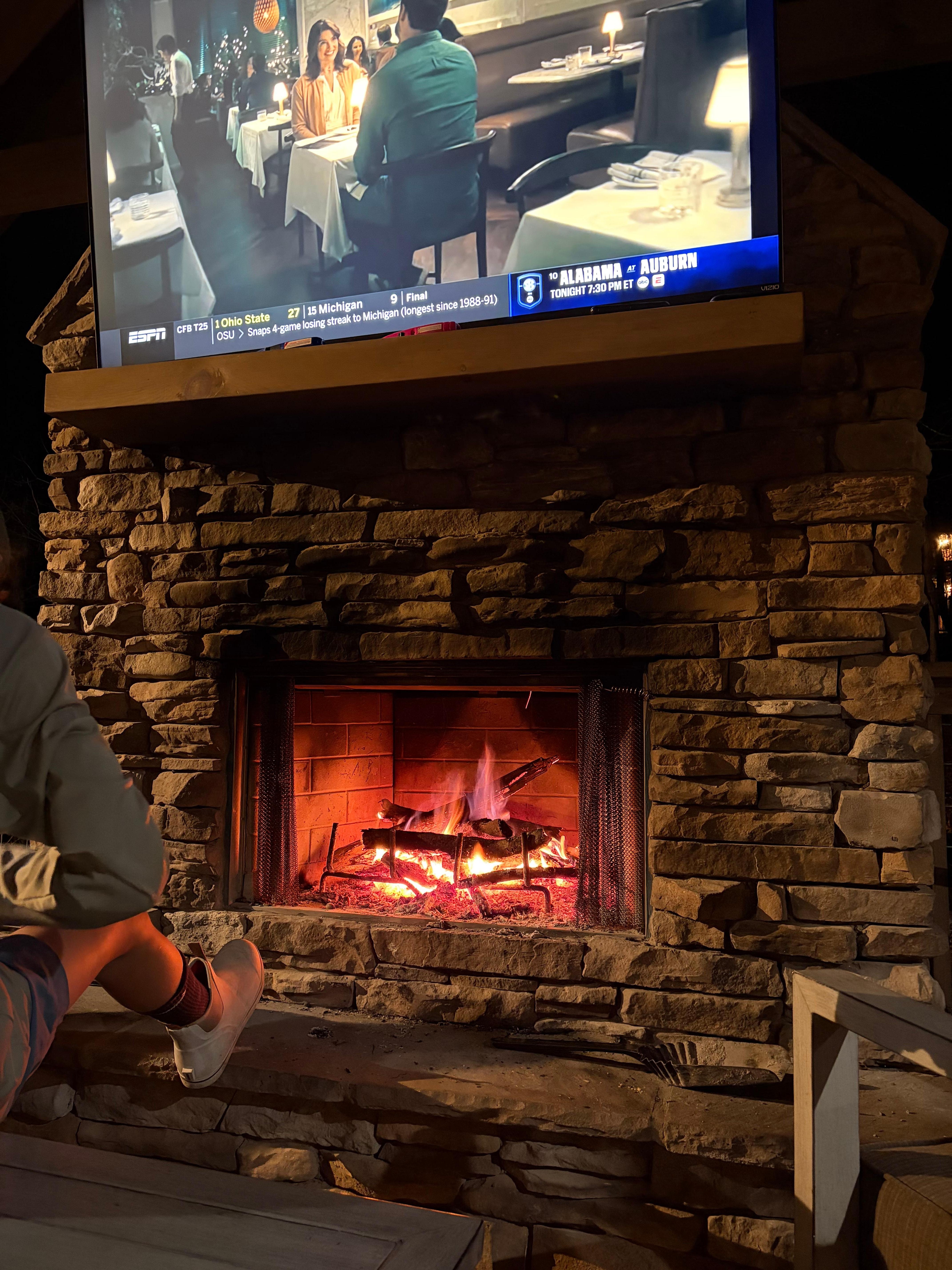 Warming up with the outdoor fireplace