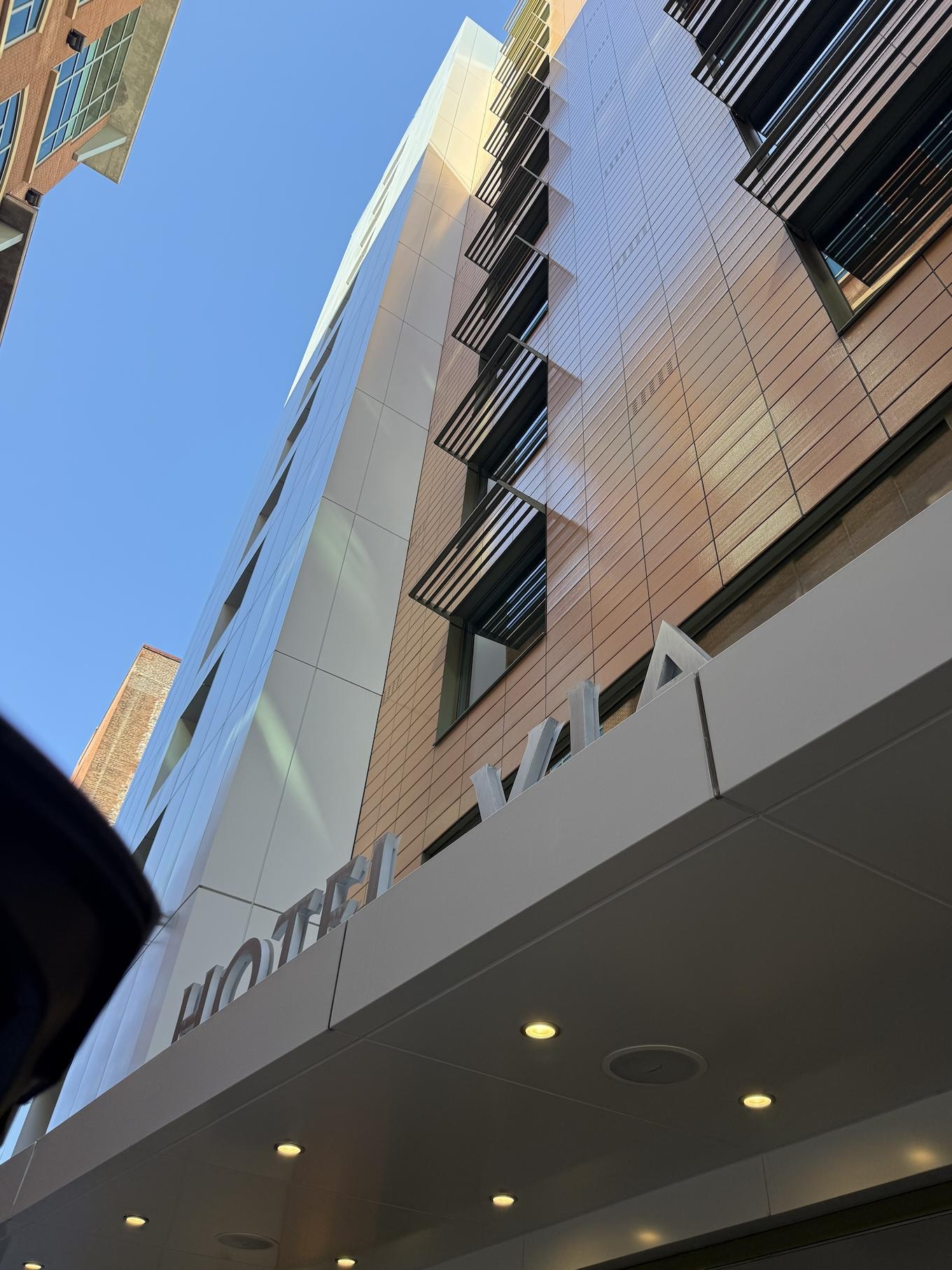 Outside of the hotel looking up at the entrance