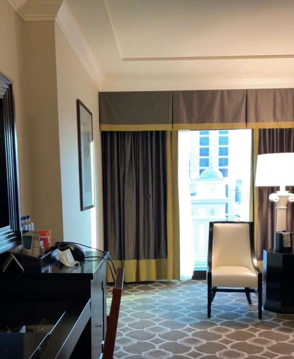 46 in TV, no free water, no bathrobes, Keurig machine available, but no pods or bottled water, no cream or sugar