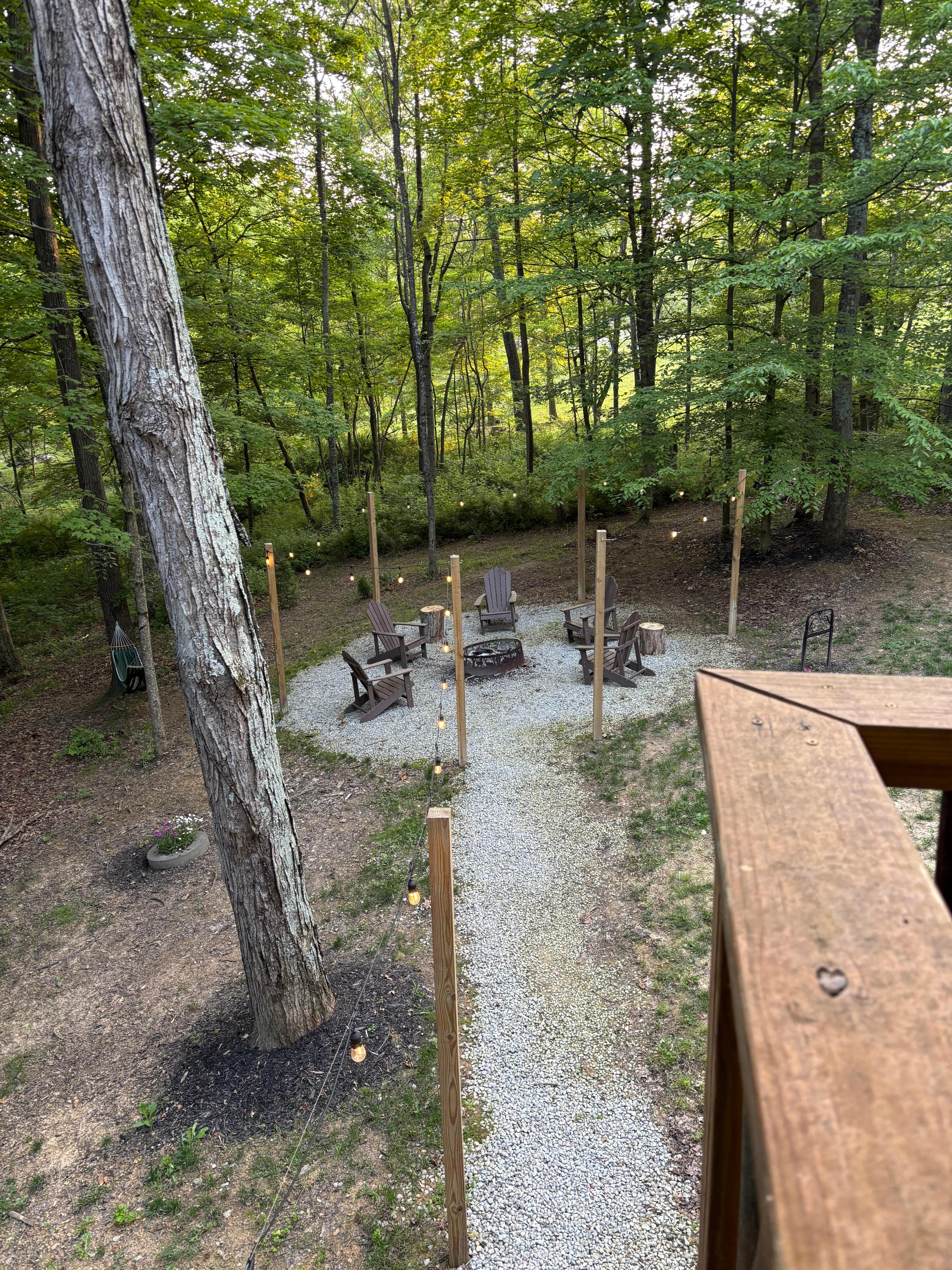 View of the fire pit from the balcony, also super comfy and well lit