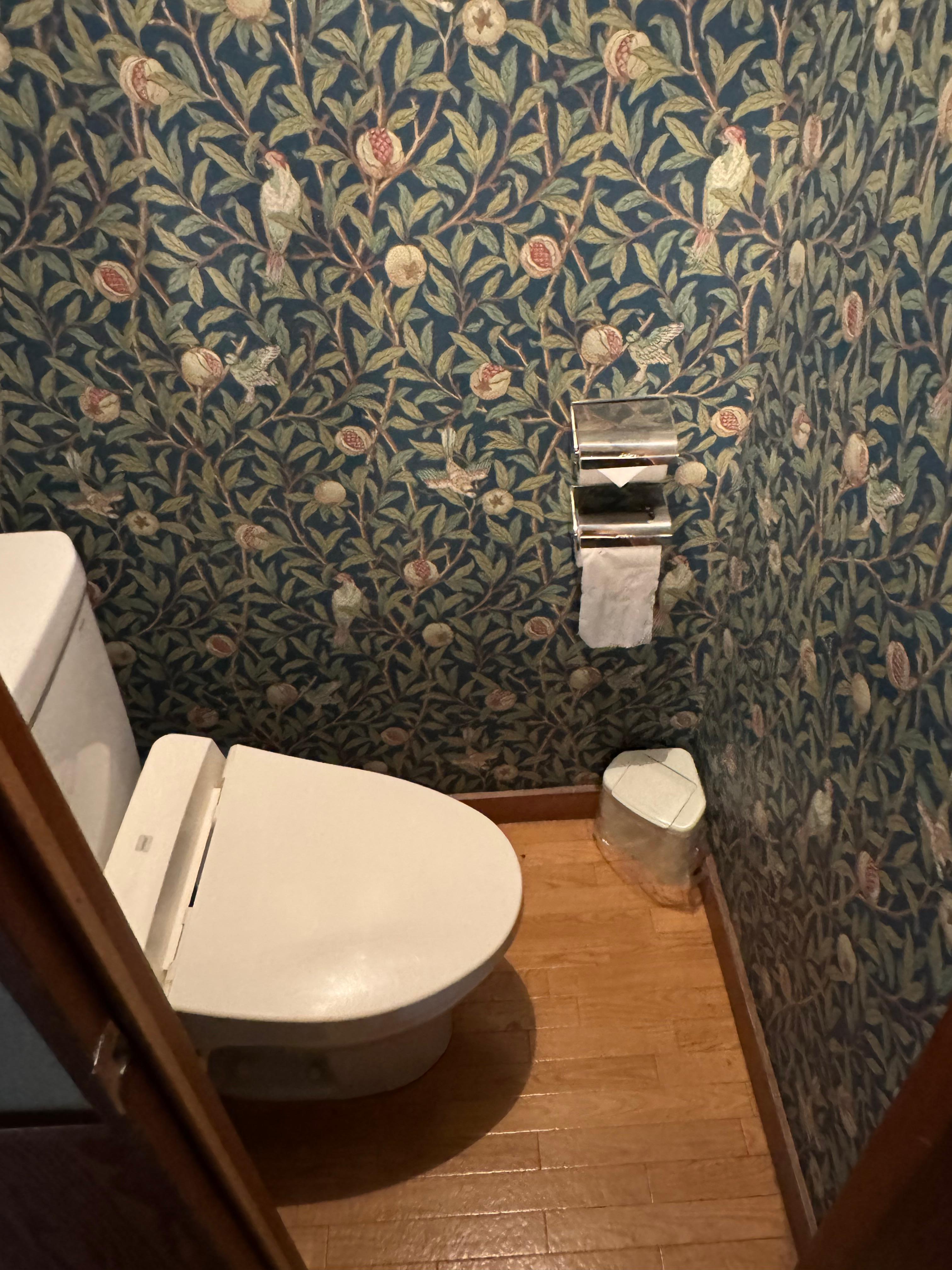 Toilet is enclosed; however the wallpaper is dated and there is very little room to move. 