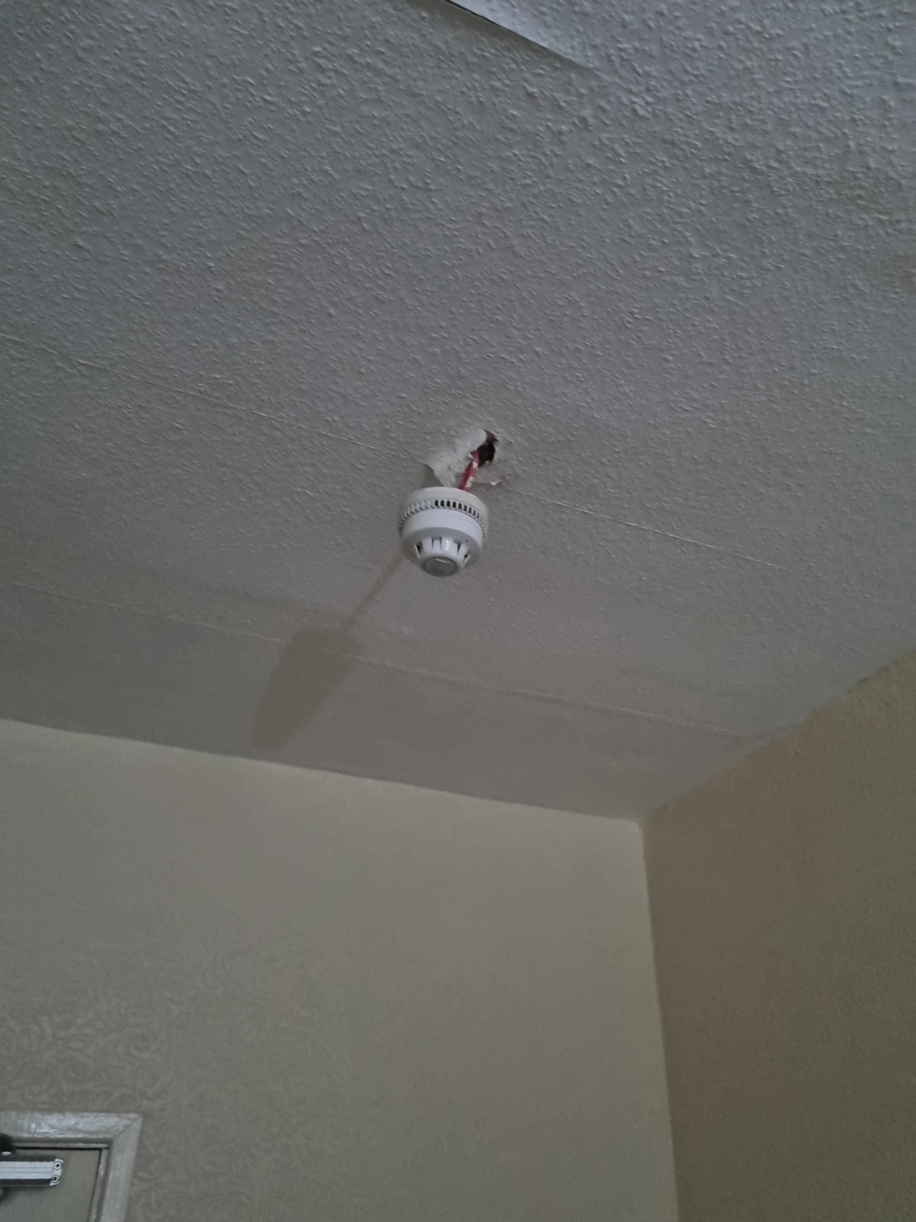 Smoke alarm hanging from ceiling 