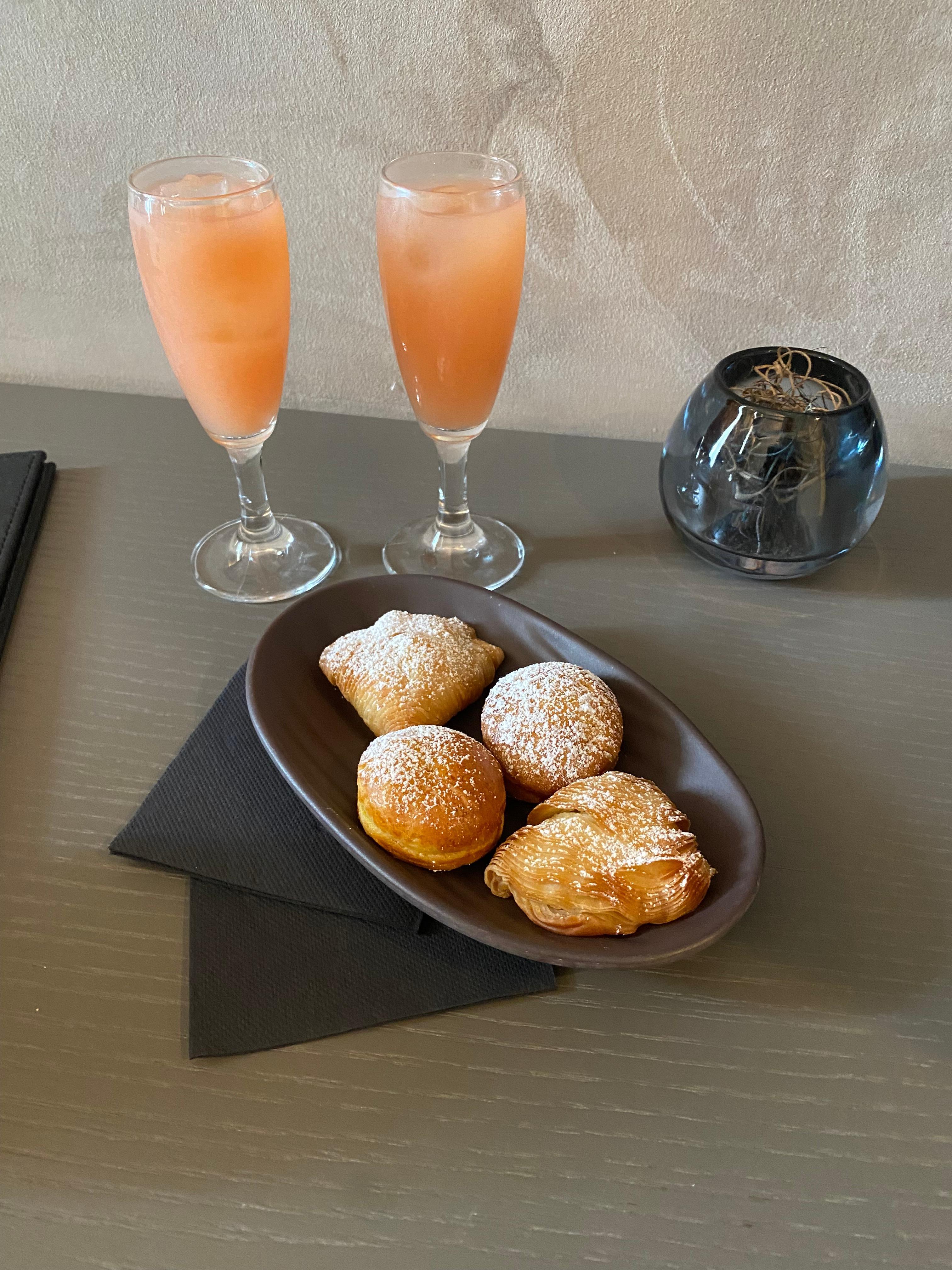 A welcome Bellini and pastries