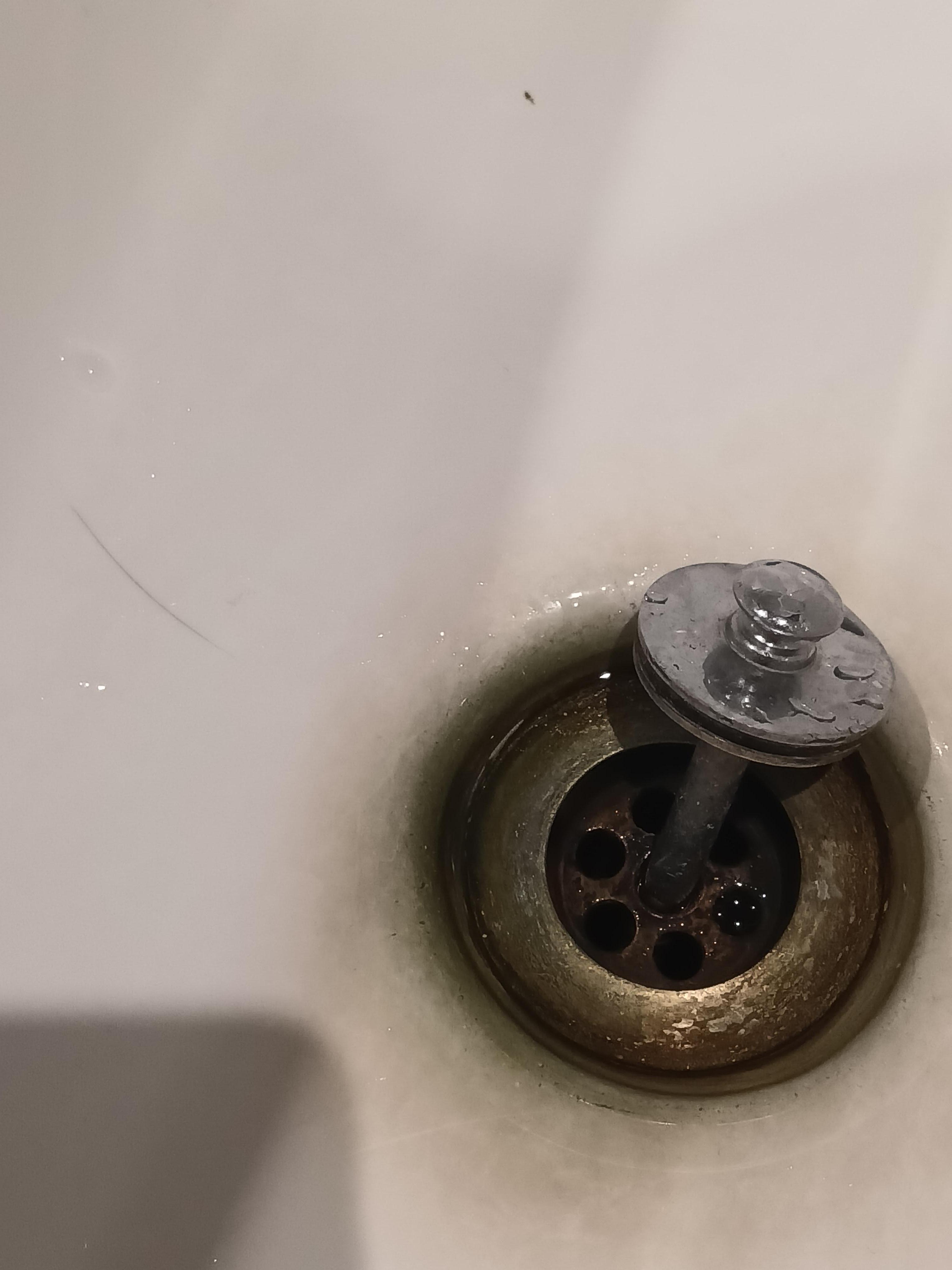 Green algae stains on bathroom basin with a bad stench