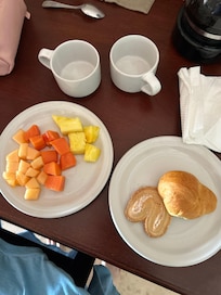 They give you a plate of freshly cut fruit and a cold of pastries in the morning