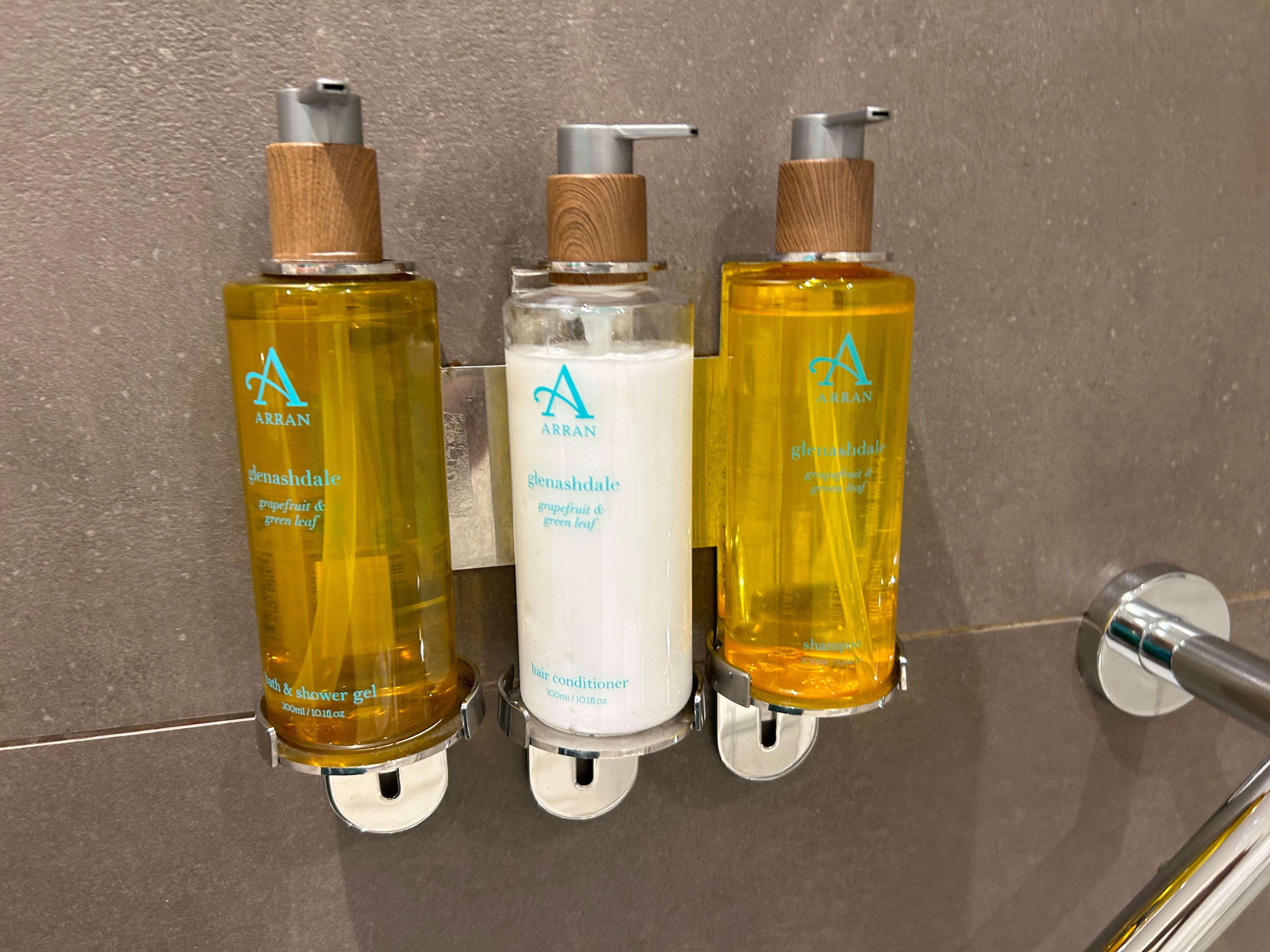 Large cheap refillable bottles in the bathroom. Gone are the lovely Elemis individual toiletries