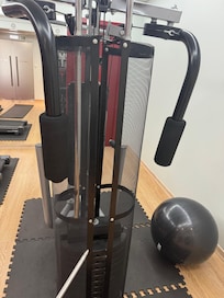 The one piece of gym equipment- the mat to adjust weights comes ALL the way out and, once in, comes out too much on the other side and gets caught in the chain (see pic below)
