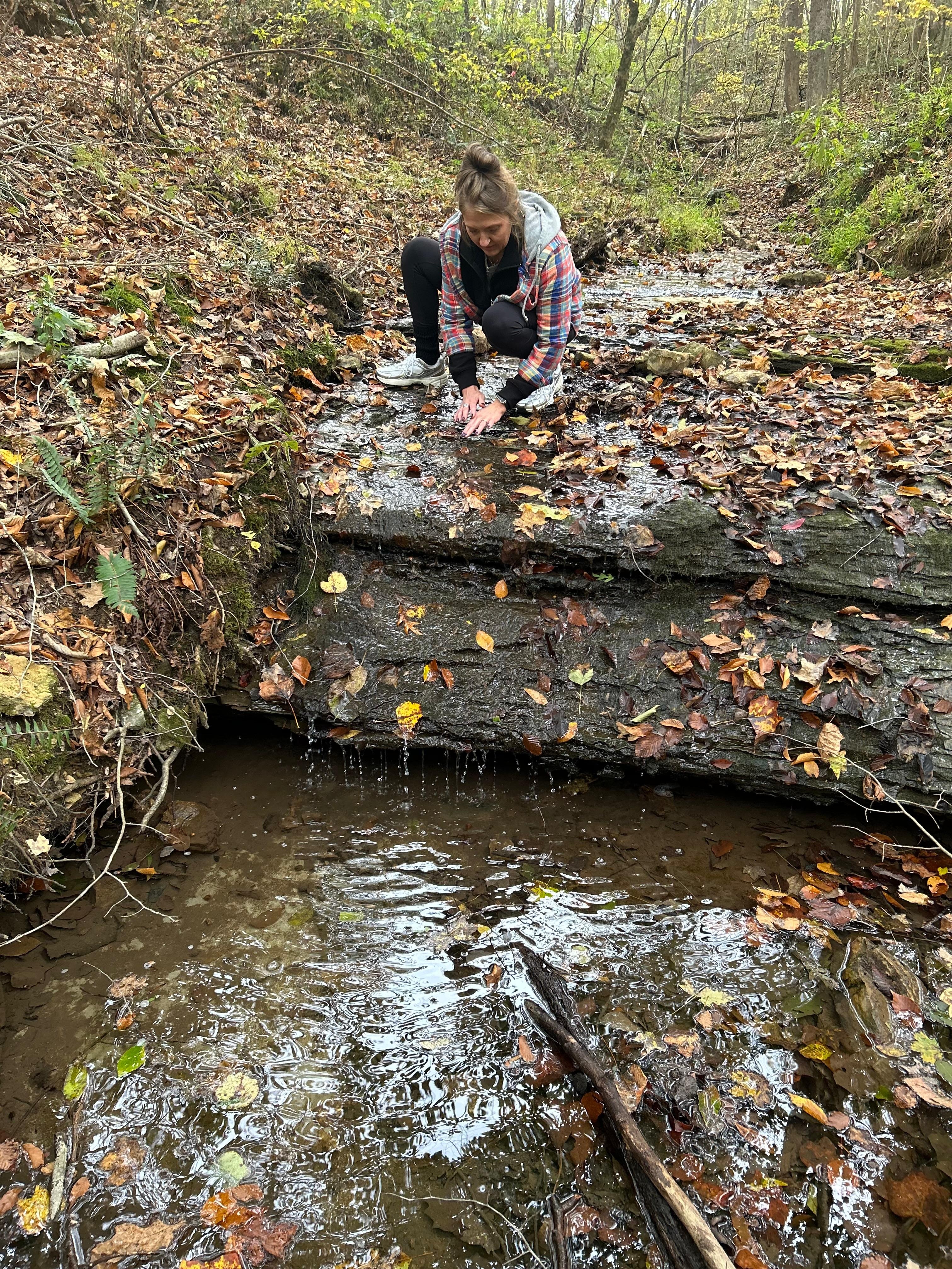 The “tiny waterfall” can be seen from the upstairs balcony of the cabin 