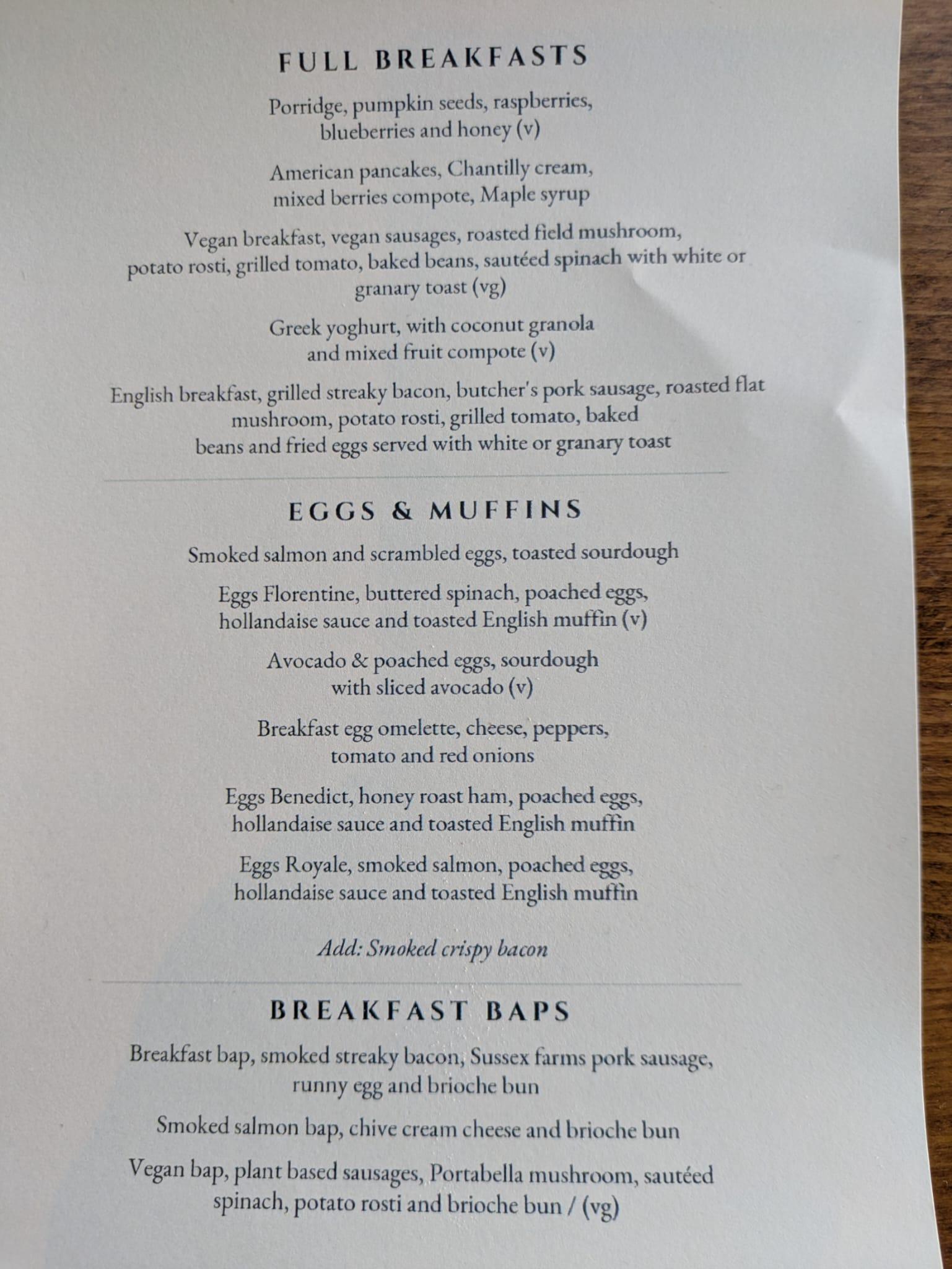 Breakfast menu