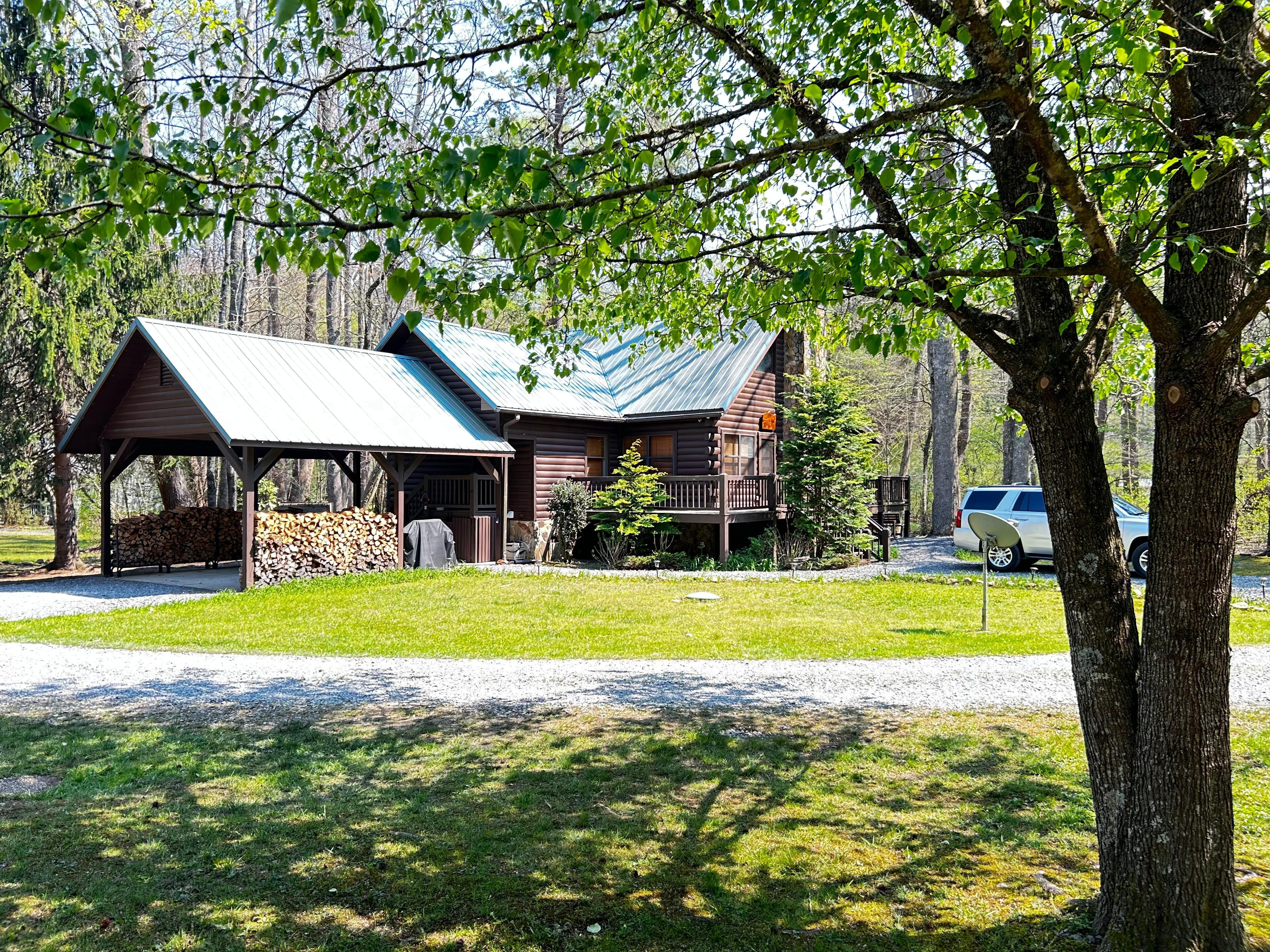 View of cabin looking from the pond. 
