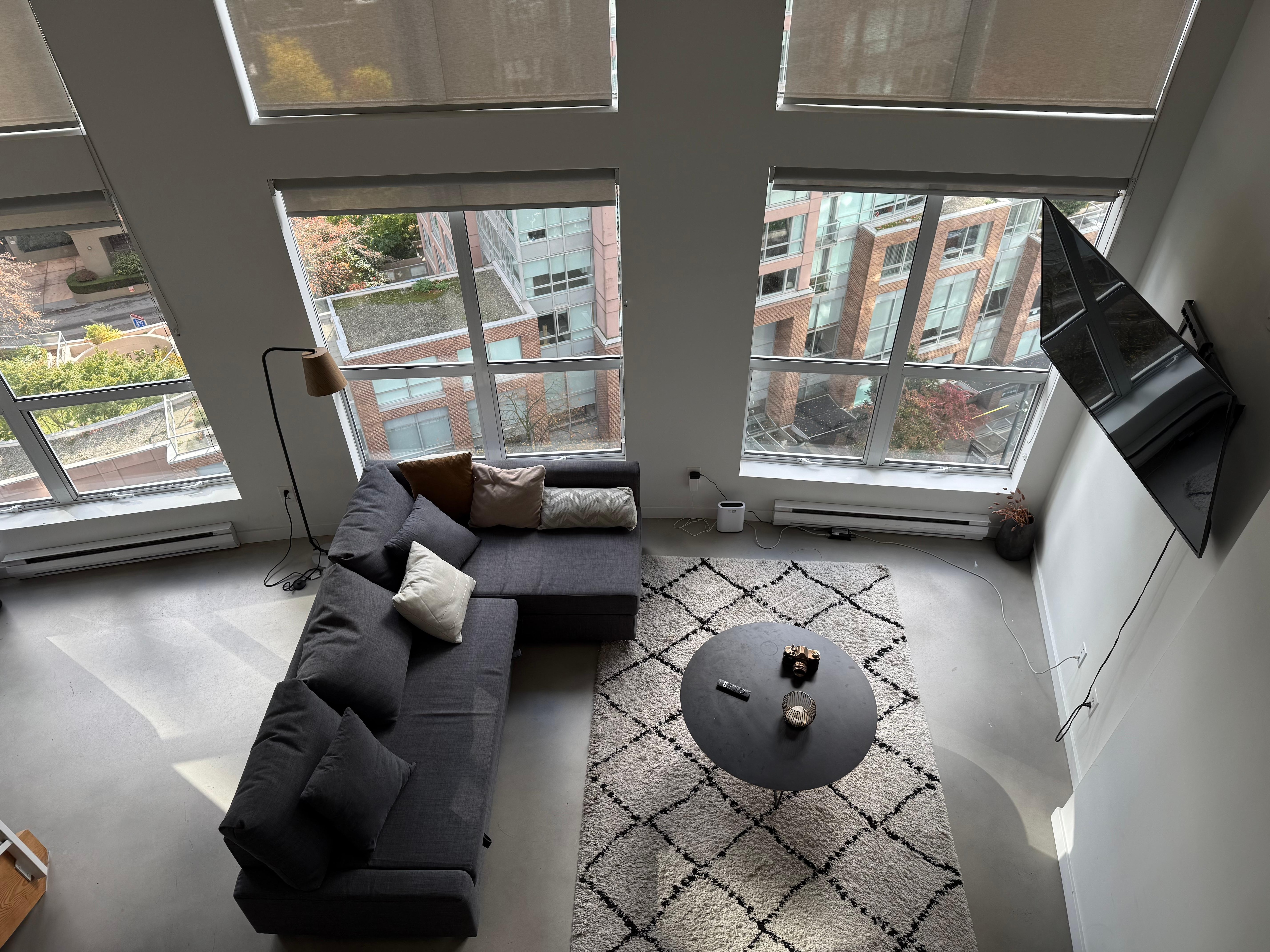 The view from upstairs looking down to living area 