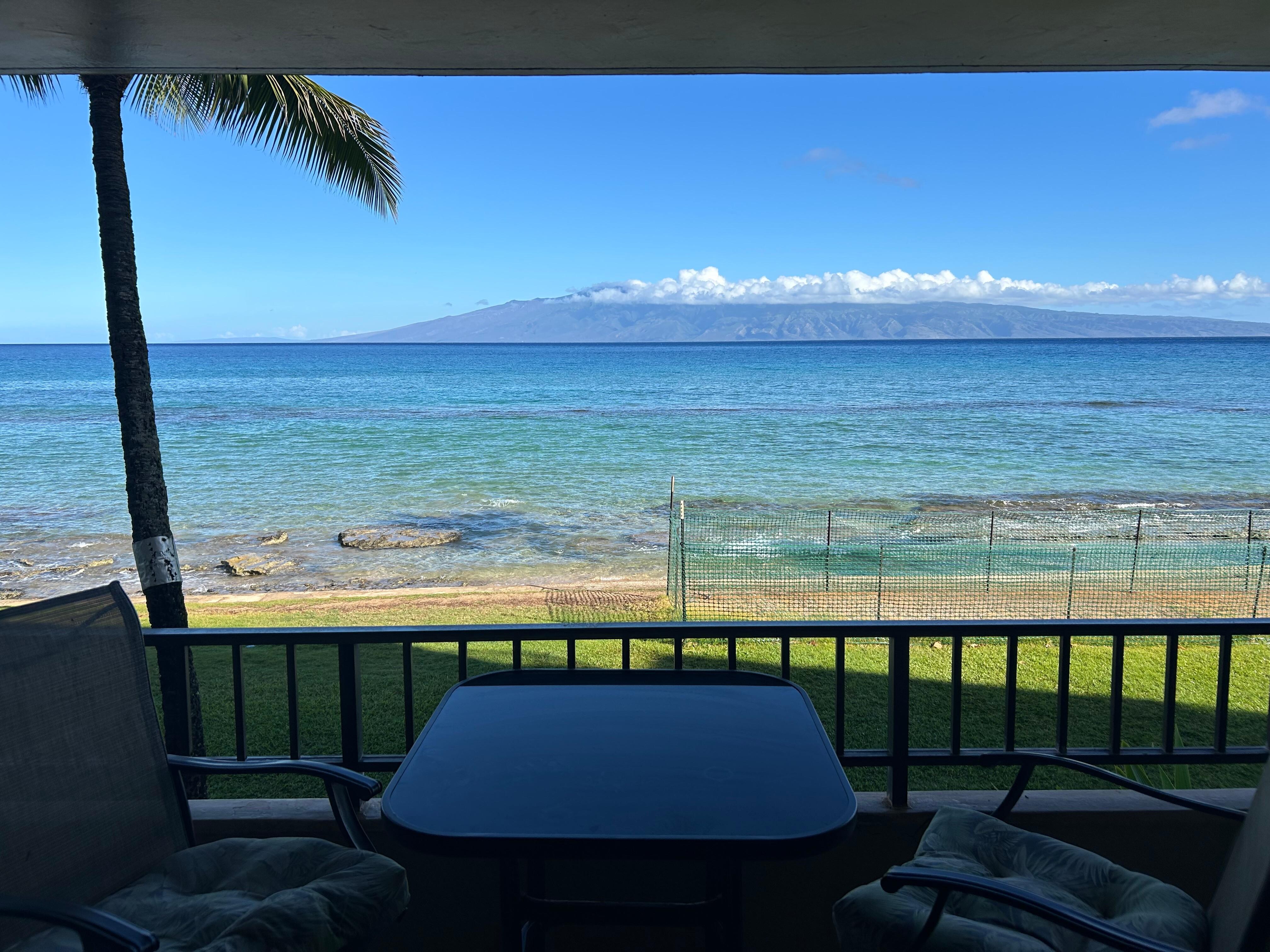View from Lanai: Temporary fencing along seawall that is a bit unsightly and wasn’t advertised in listing