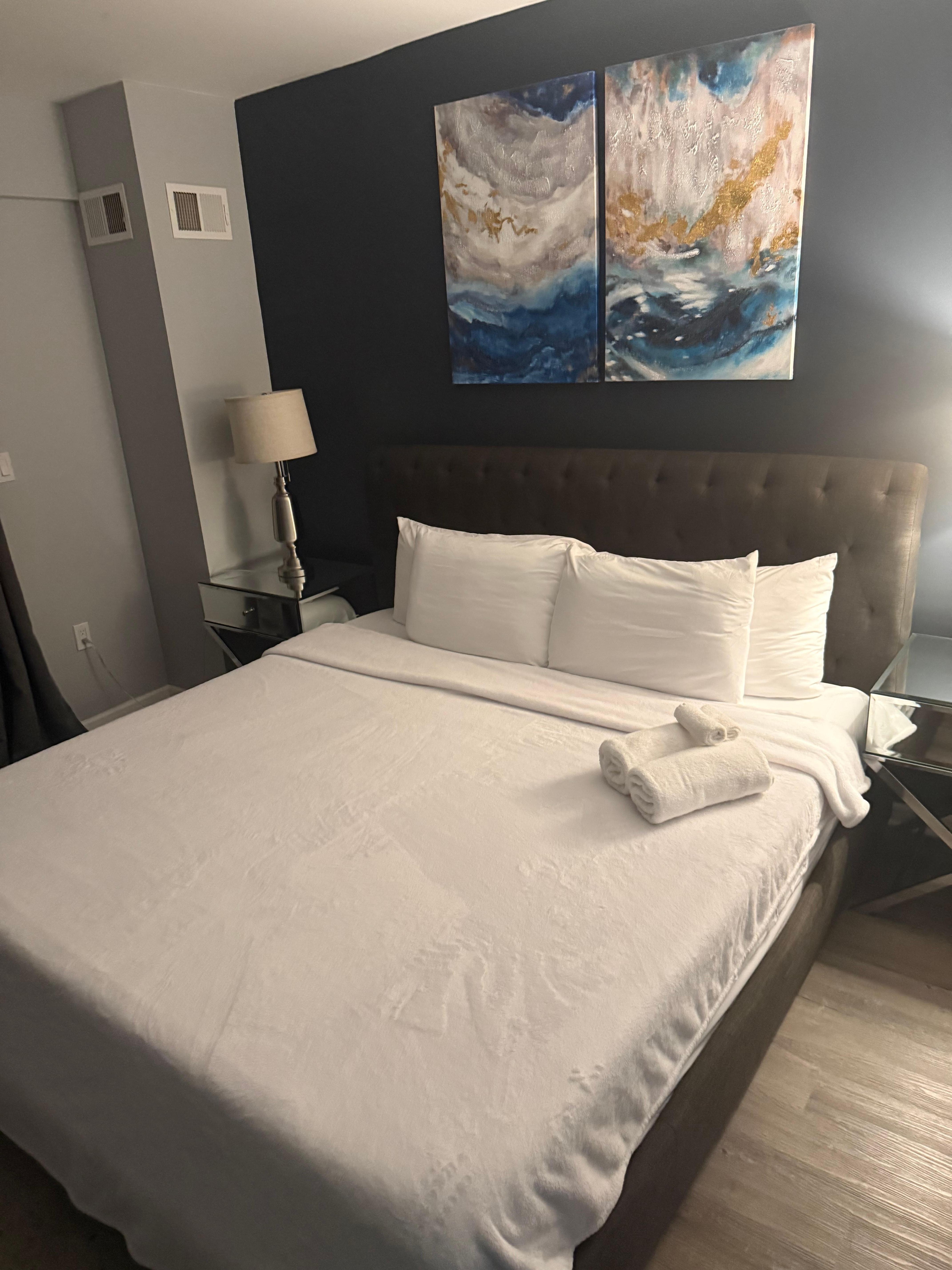 Comfortable bed with nice balcony 