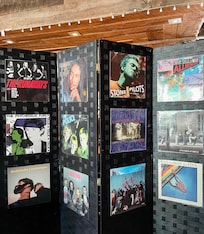 Wall of memorabilia in reataurant